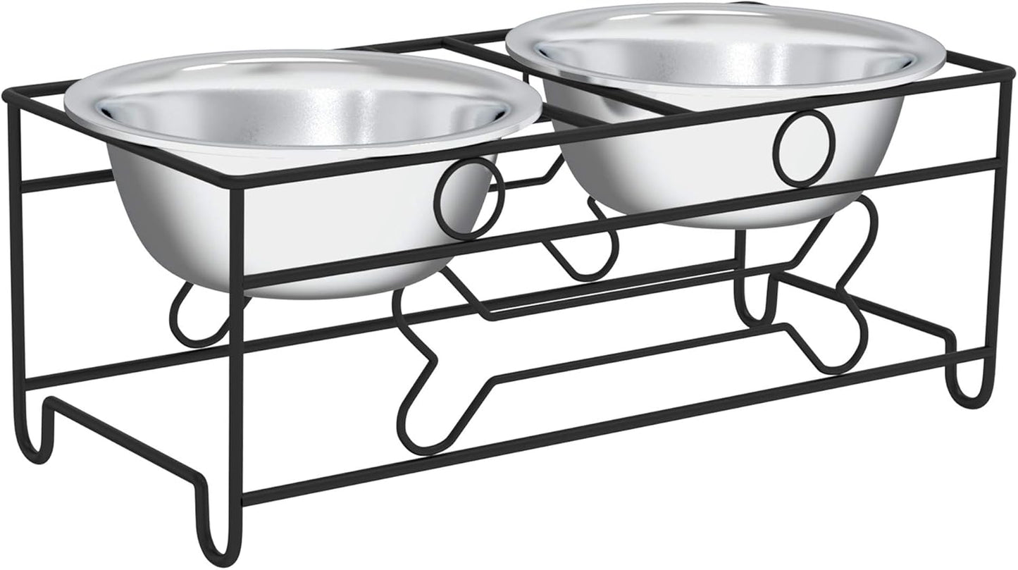 Set of 2 Stainless Steel Dog Bowls - 40oz Pet Bowls with Decorative Dog Food Stand - Metal Food and Water Dishes for Large Pets - Puppy Essentials by PETMAKER (Silver/Black)