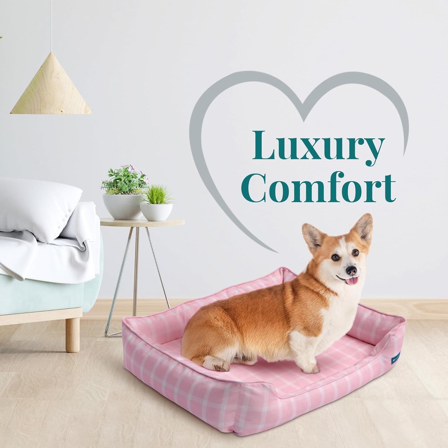 Orthopedic Bolster Dog Bed – CertiPUR-US Foam, Recycled Polyester Canvas, Washable Cover, Anti-Slip Bottom, Large, Pink Check – Stylish Designer Dog Sofa