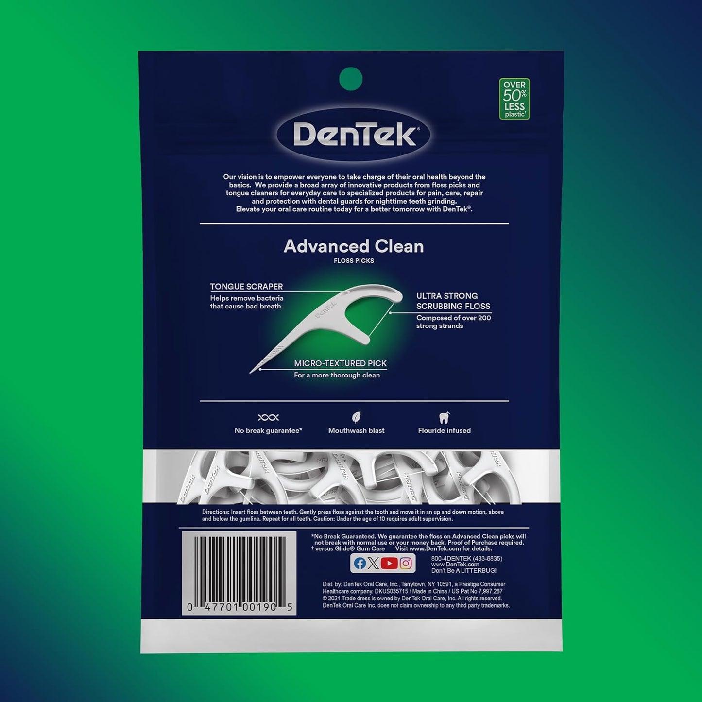 DenTek Advanced Clean Floss Picks with No Break & No Shred Dental Floss, Plaque Remover, 150 Count