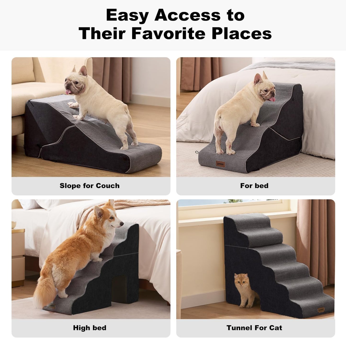 Dog Ramp for Bed - 21" H 2-in-1 Transformable 4 Steps Dog Stairs and Ramp, Pet Steps for Couch with Non-Slip Waterproof Cover, Black