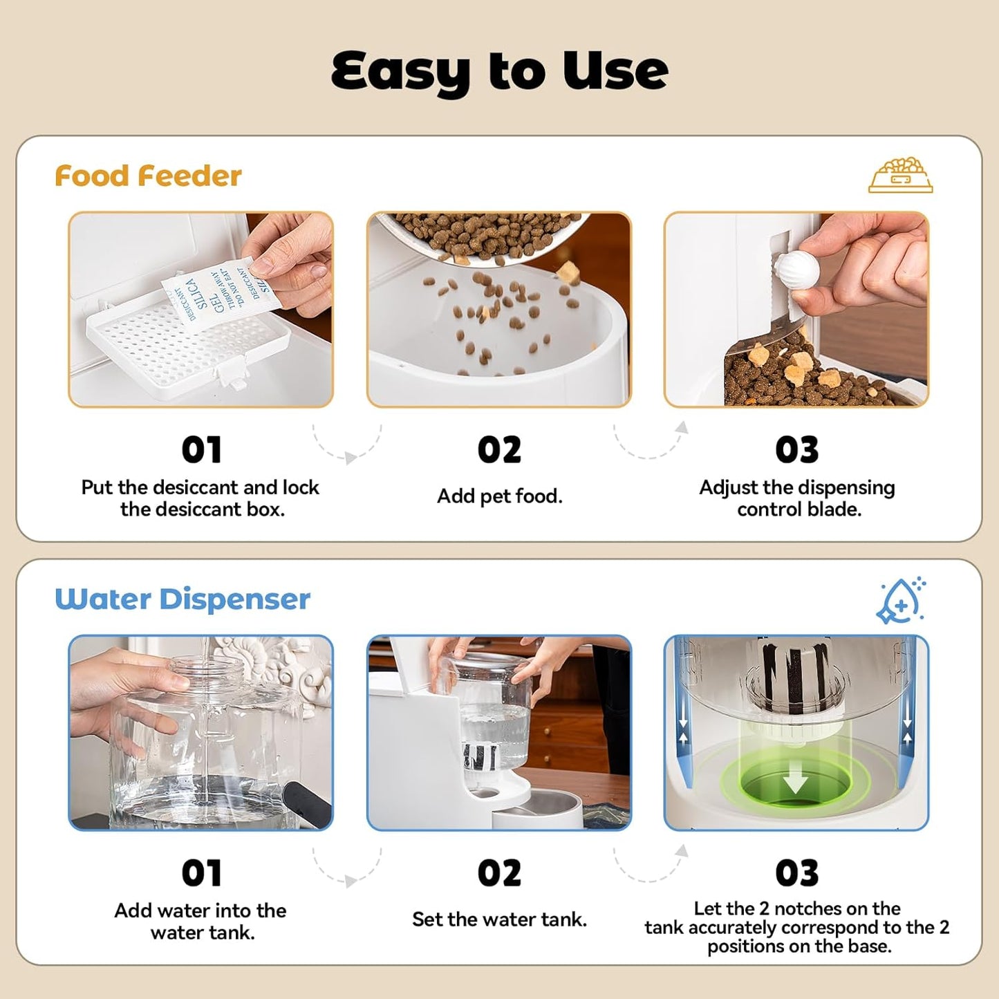 Automatic Cat Feeder 2-in-1 Set, Gravity Cat Food Feeder and Water Dispenser, Dog Feeding & Watering Supply with Stailess Steel Bowls, Large Capacity Low Noise, White