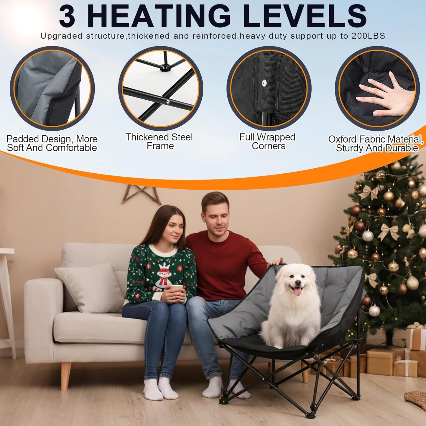 Padded Portable Dog Camping Chairs, Dog Chair Bed for Outdoor, Supports 200 Lbs, Folding Heavy Duty Raised Pet Bed, Patio Lazy Puppy Cot Pet Camping Gear for Backyard