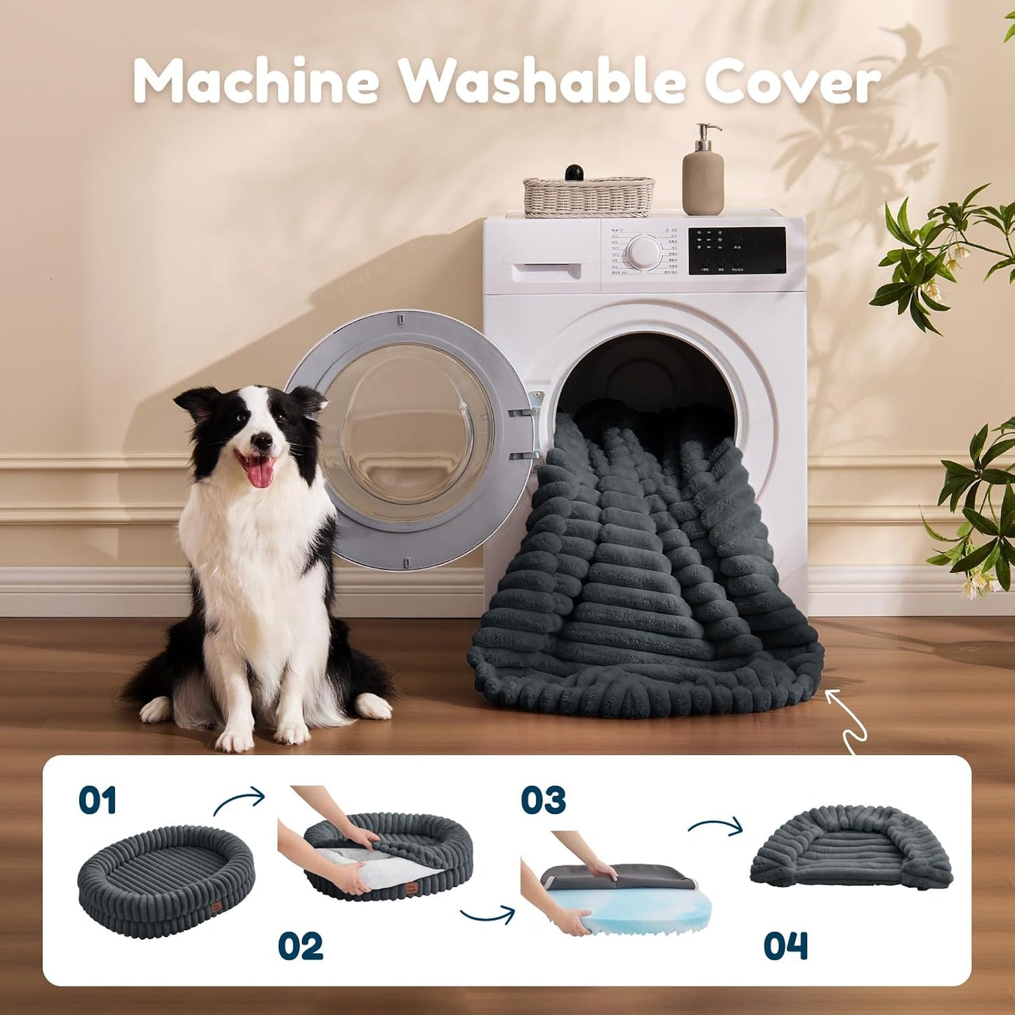 Dog Bed Medium Sized Dog - Luxury Striped Faux Fur Waterproof Pet Couch with Removable Washable Cover, Orthopedic Pet Bed with Bolster Sides for Sleeping, Dark Grey