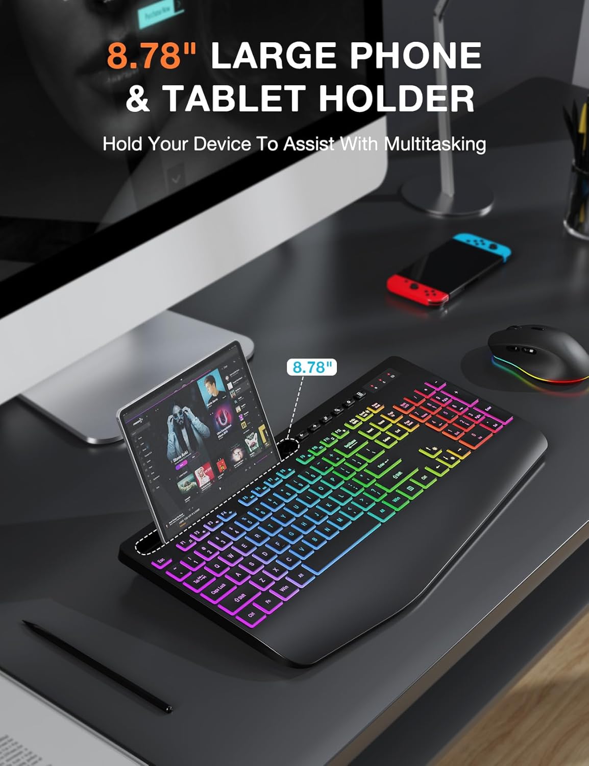 Wireless Keyboard and Mouse Combo - 9 Backlit Effects, RGB, Ergo Wrist Rest, Phone Holder, 2.4G Full Size, Rechargeable, Sleep Mode, KM22 MAX Quiet Set for Computer, PC, Laptop, Mac, Windows- SABLUTE