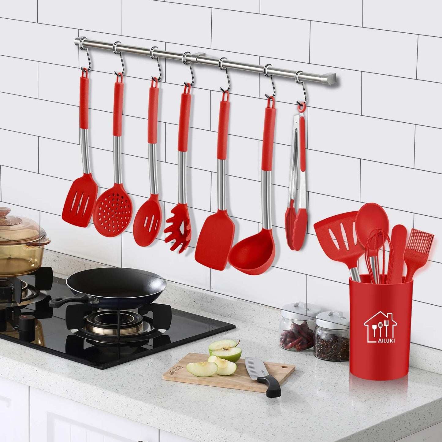 Silicone Cooking Utensil Set,Kitchen Utensils 26 Pcs Set,Non-stick Heat Resistant Silicone,Cookware with Stainless Steel Handle - Red