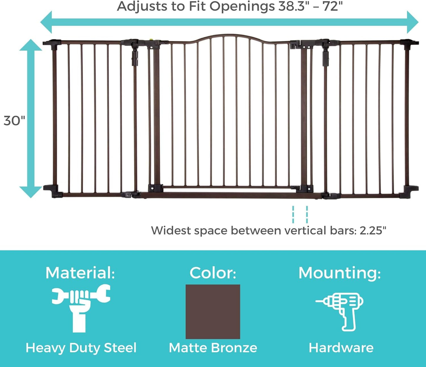 Toddleroo by North States - Deluxe Décor Safety Gate: Extra Wide - Adjustable 38.3 to 72 Inches W - 30 Inches T - Matte Bronze