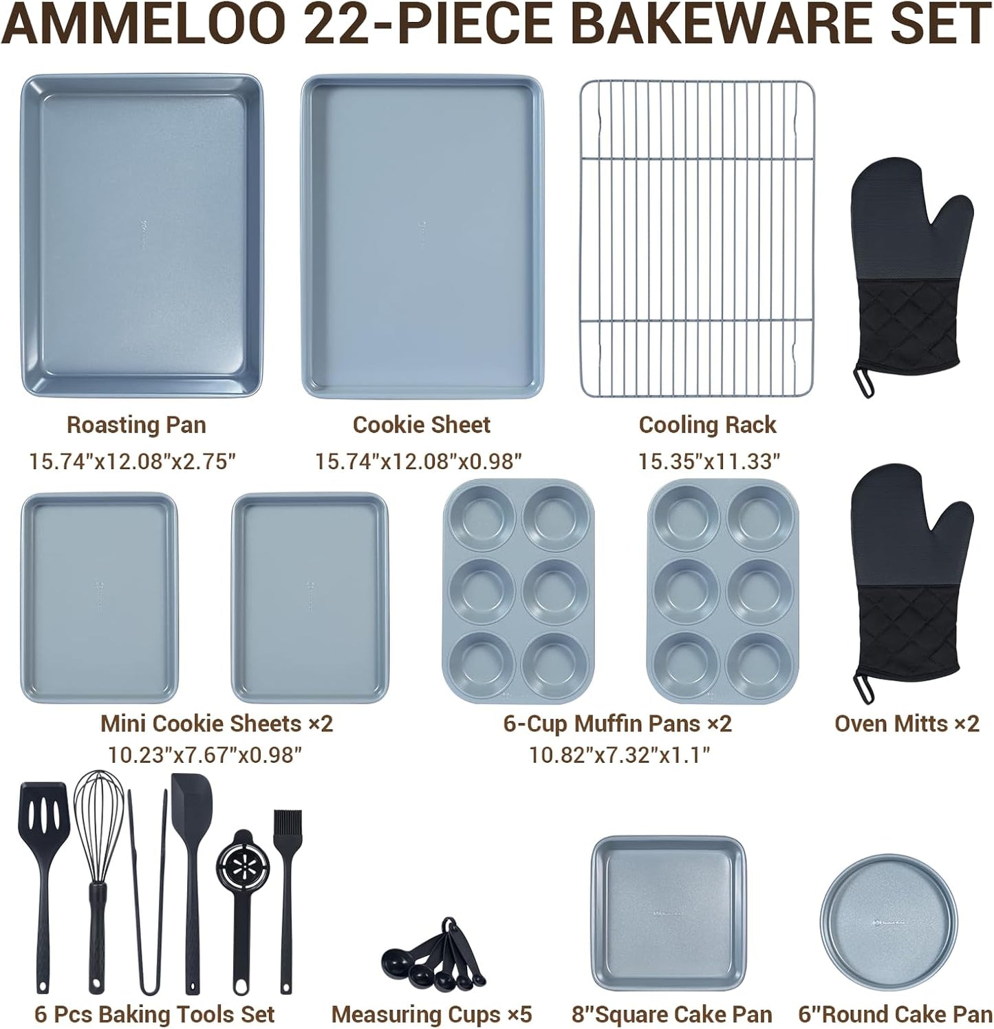 Ammeloo 22-Piece Baking Pans Set Stackable Bakeware Non Stick Baking Set Non Toxic Oven Pans, Including Roasting Pan, Cookie Sheets, Muffin Pans, Cake Pans, Oven Mitts and Utensils(Gray & Stone Black)