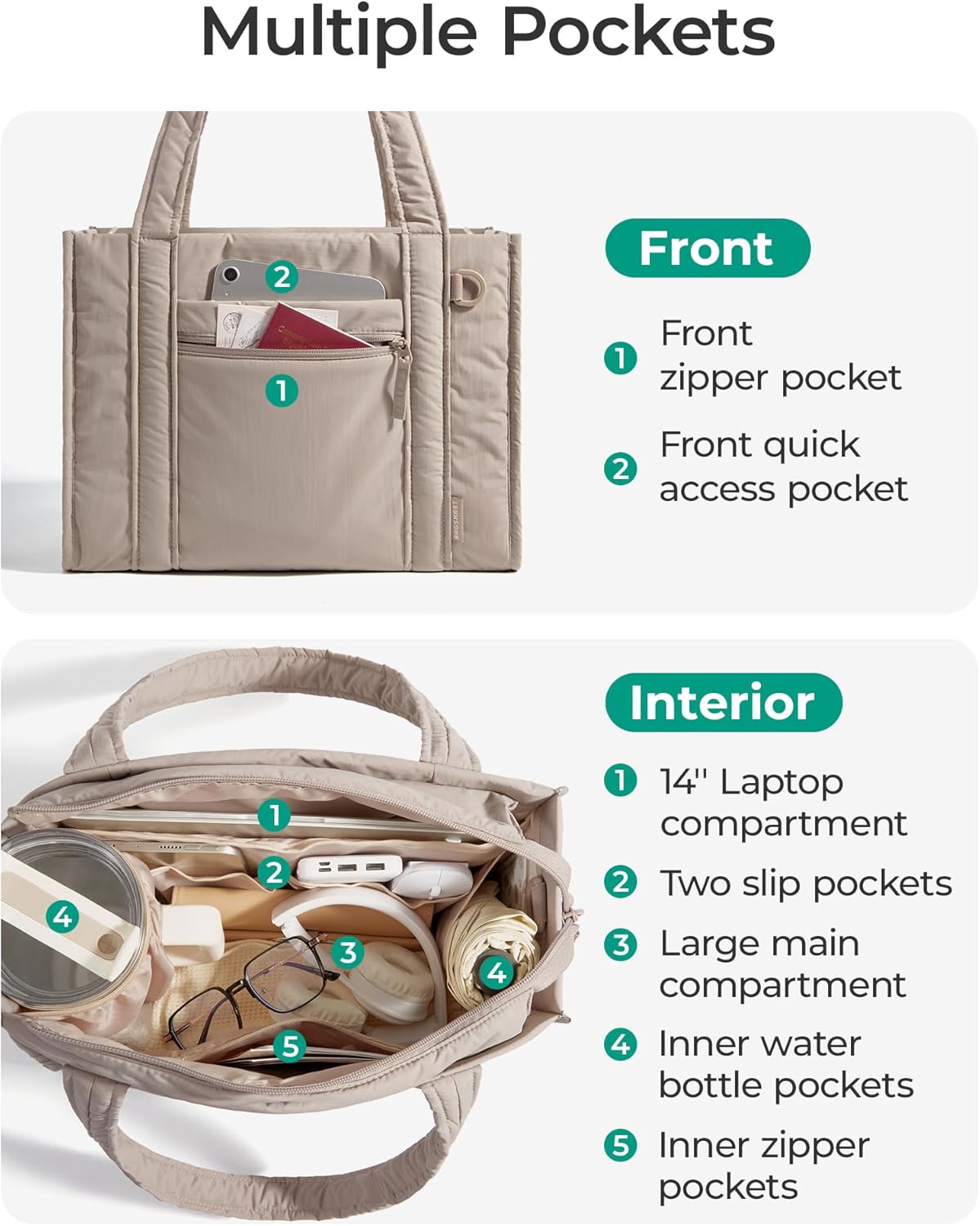 BAGSMART Boxy Tote Bag for Women, Crossbody Bag with Zipper, Crush Bow Purses for Travel Work College