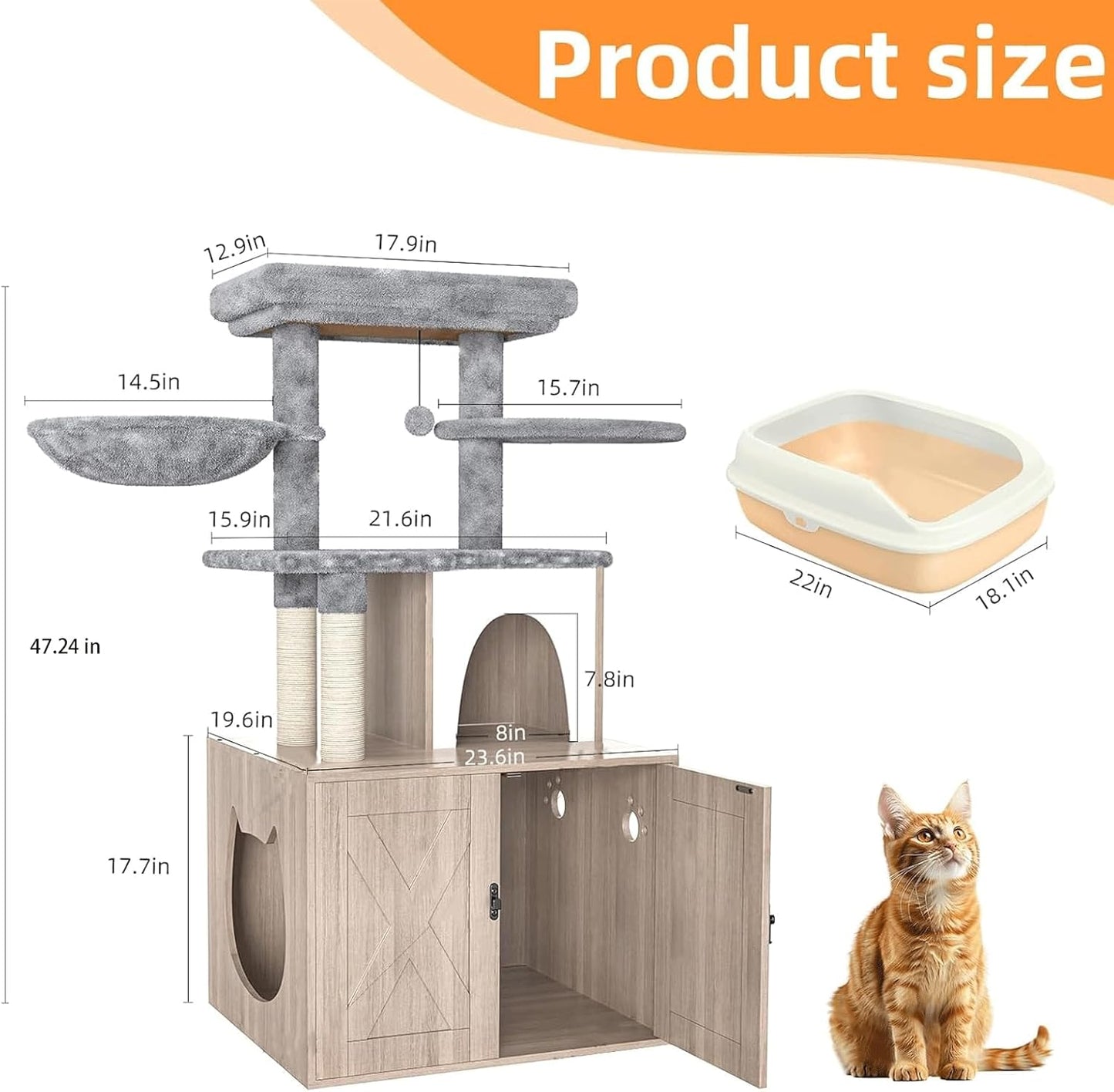 HavenlyYouth Litter Box Enclosure with Cat Tree,Cat Tree with Litter Box Enclosure,Hidden Pet Washroom Furniture with Sisal Scratching Post,Hammocks,Condo,Multiple Platform,Soft Plush Perch, Grey