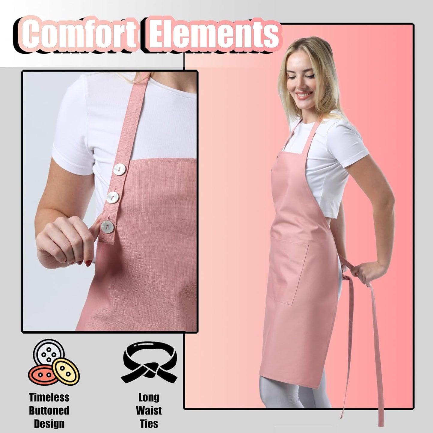 TOSHE Kitchen Apron Waterdrop Resistant Cotton Apron with adjustable Aprons for Women with Pockets 10 Color option Cooking Powder Pink Apron (Powder Pink)