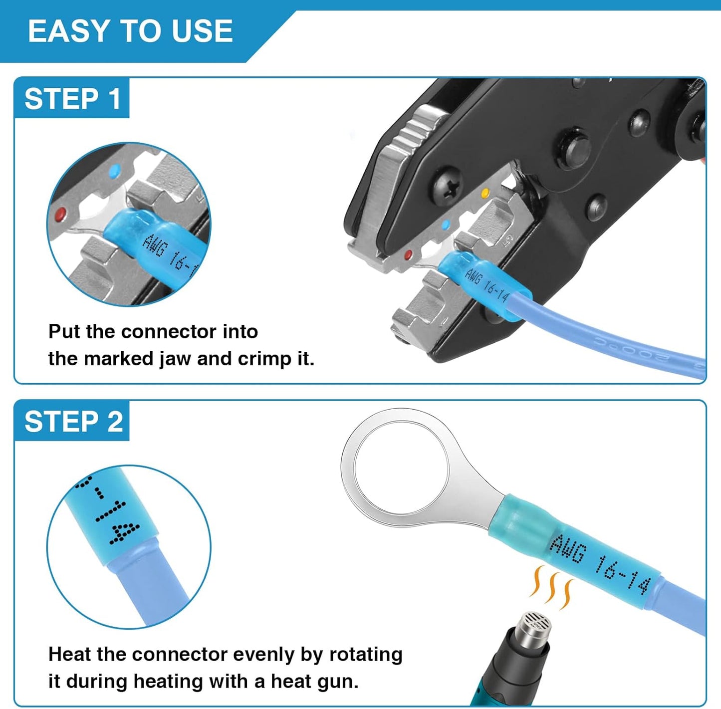Crimping Tool for Heat Shrink Connectors AWG22-10, Ratcheting Wire Terminal Crimper - Crimping Pliers - Electrical Crimping Tool