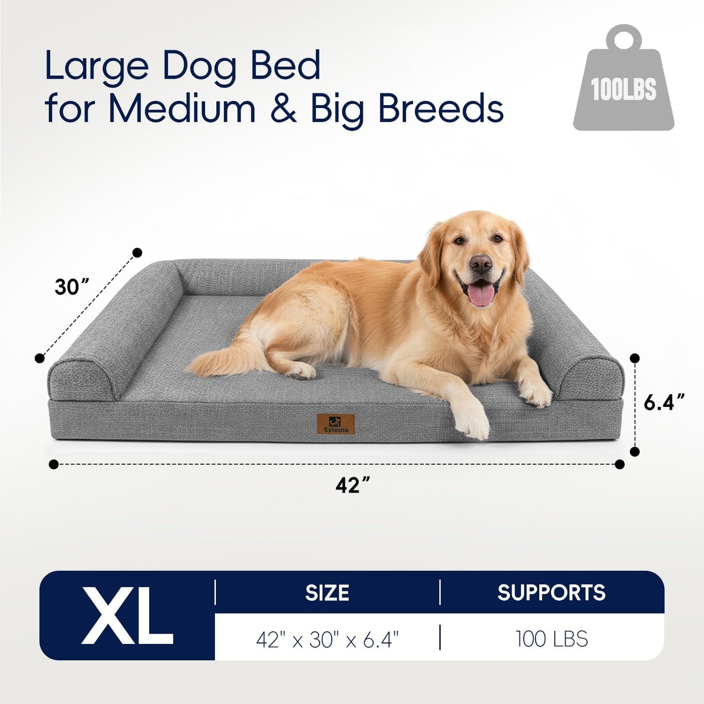 Sytopia 42 Inch Indestructible Dog Beds for Large Dogs, Big Chew Proof Orthopedic Egg Crate Foam Pet Bed with Washable Removable Cover and Anti-Slip Bottom, Grey