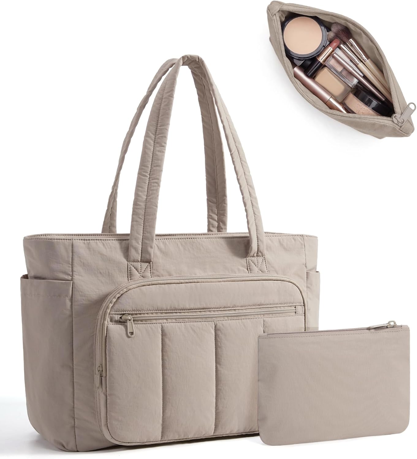BAGSMART Tote Bag for Women, 2 Set Puffer Tote Bag with Zipper, Quilted Nurse Handbags for Work Travel College | 20L Capacity, 15.6'' Laptop Bag, with Cosmetic Bag, Carry on Bag, Nurse Gym Bag