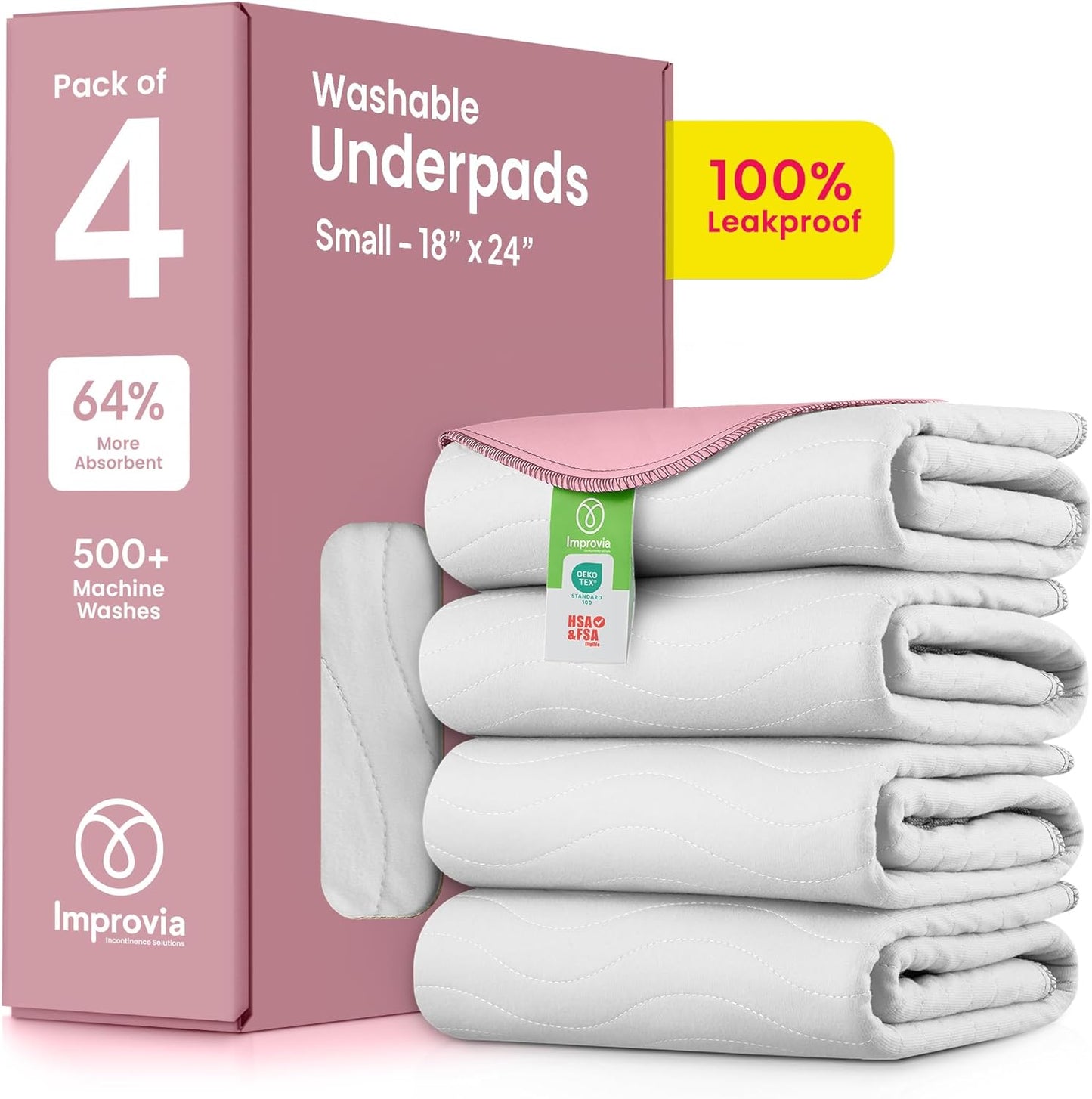 IMPROVIA® Washable Underpads, Heavy Absorbency Reusable Incontinence Pads for Kids, Adults, Elderly, and Pets - Waterproof Protection (White & Pink, 18"x24" (Pack of 4))