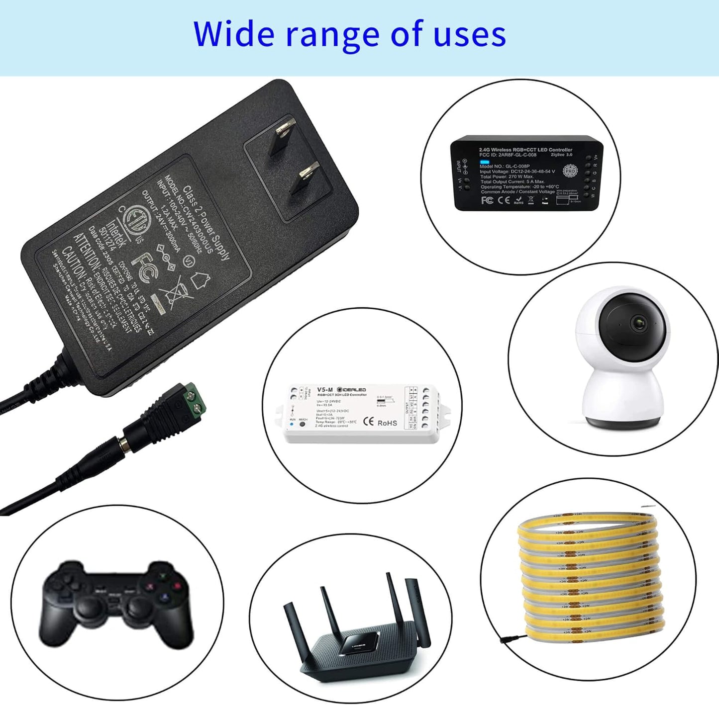 GIDEALED 24V 3A DC Power Supply,72W 24 Volt Power Supply for COB LED Strip Light,24v DC LED Light Adapter with 5.5x2.1mm DC Plug, AC 100~240V to 24vdc Low Voltage led Strip Lights Power Supply