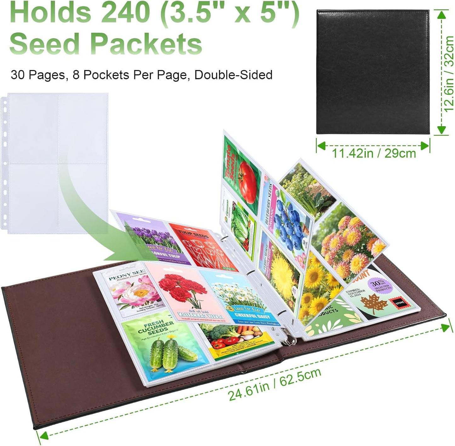 A4 3 Ring Binder Garden Seeds Storage Album with 30 Pcs 3.5x5” Seed Packet Sleeves, PU Leather Hardcover Organization Book for Seed Packet，Photo, Index Card，240 Top Loading Pockets Capacity