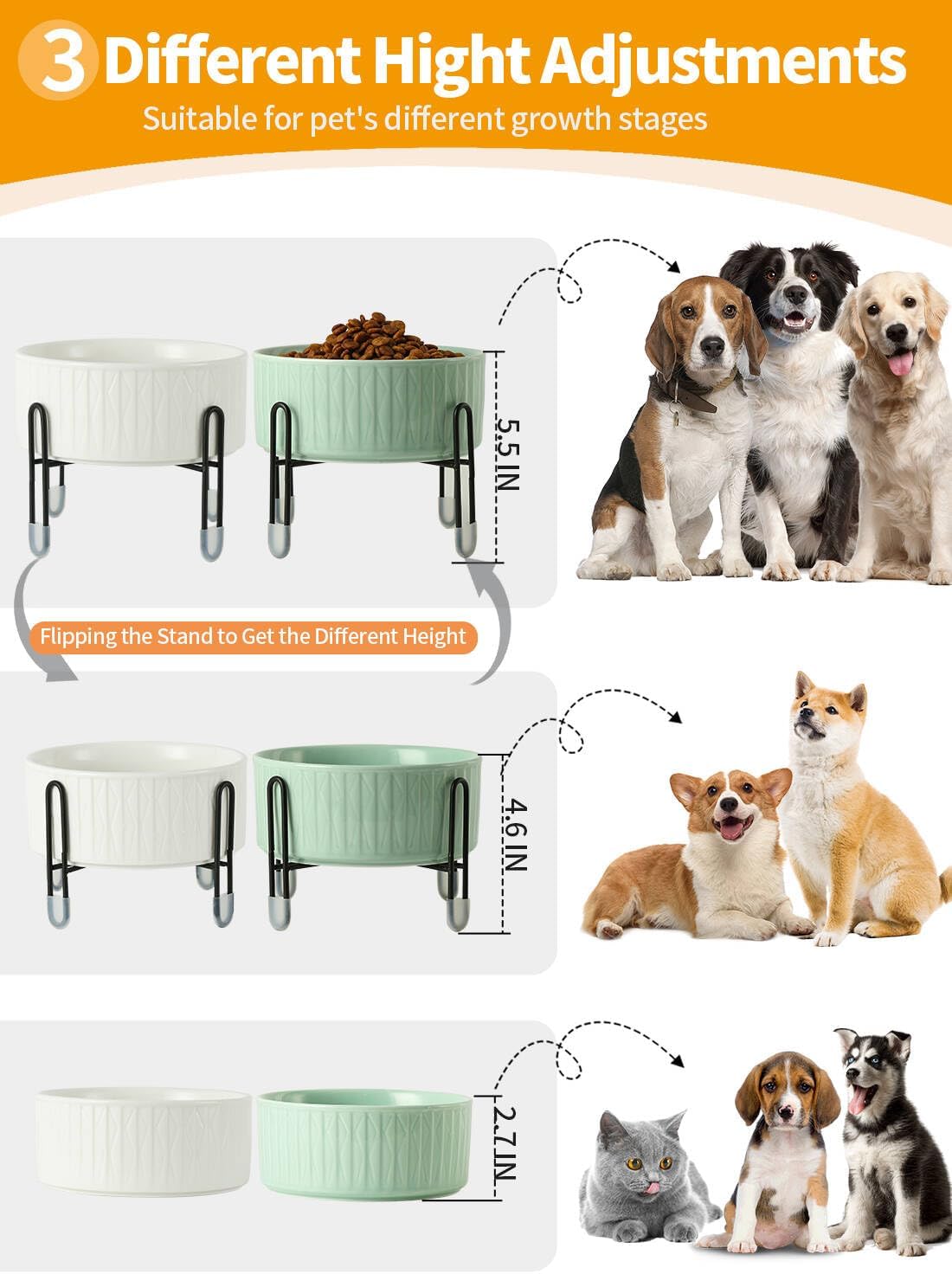 TAMAYKIM 32 oz Ceramic Dog Cat Bowl with Separate Elevated Metal Stand, 3 Adjustable Height 4 Cups Porcelain Pet Feeder Food & Water Bowls Set Non-Slip for Big Cats, Small Medium Dogs, White & Green