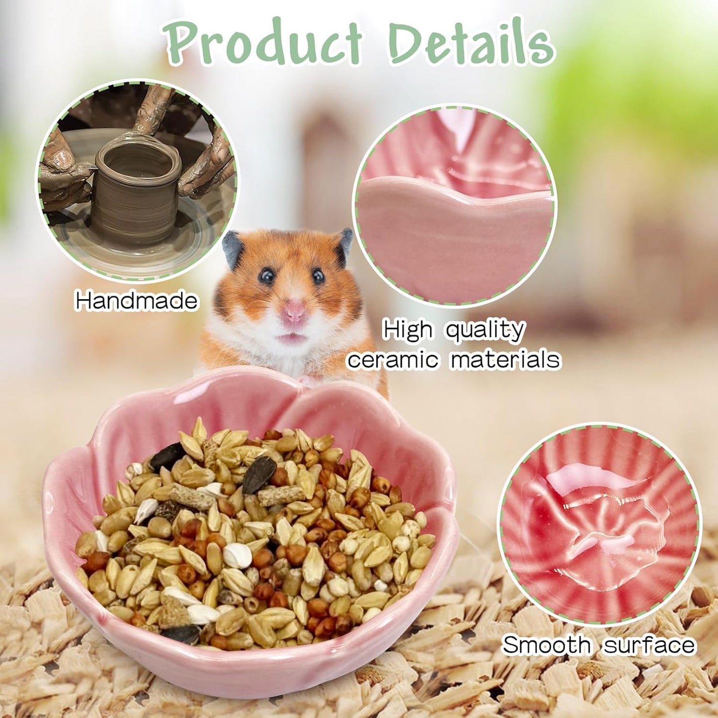 BNOSDM 2 Pcs Hamster Ceramic Food Bowl Flower Series Gerbil Drinking Bowls Anti-Turning Food & Water Dish for Dwarf Syrian Hamsters Gerbil Chinchilla（Pink, Narcissus Pattern）