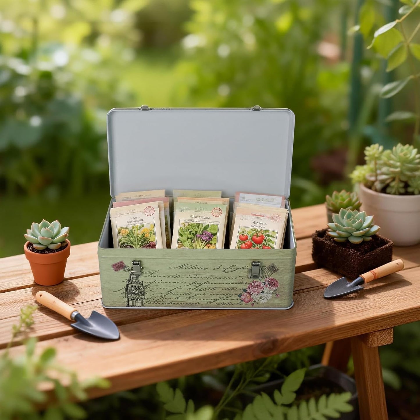 DreamsEden Metal Seed Organizer Storage Box - Rustic Garden Seed Saver Container for Packets with Hinged Lid Gifts for Homesteader Gardening (Tower)
