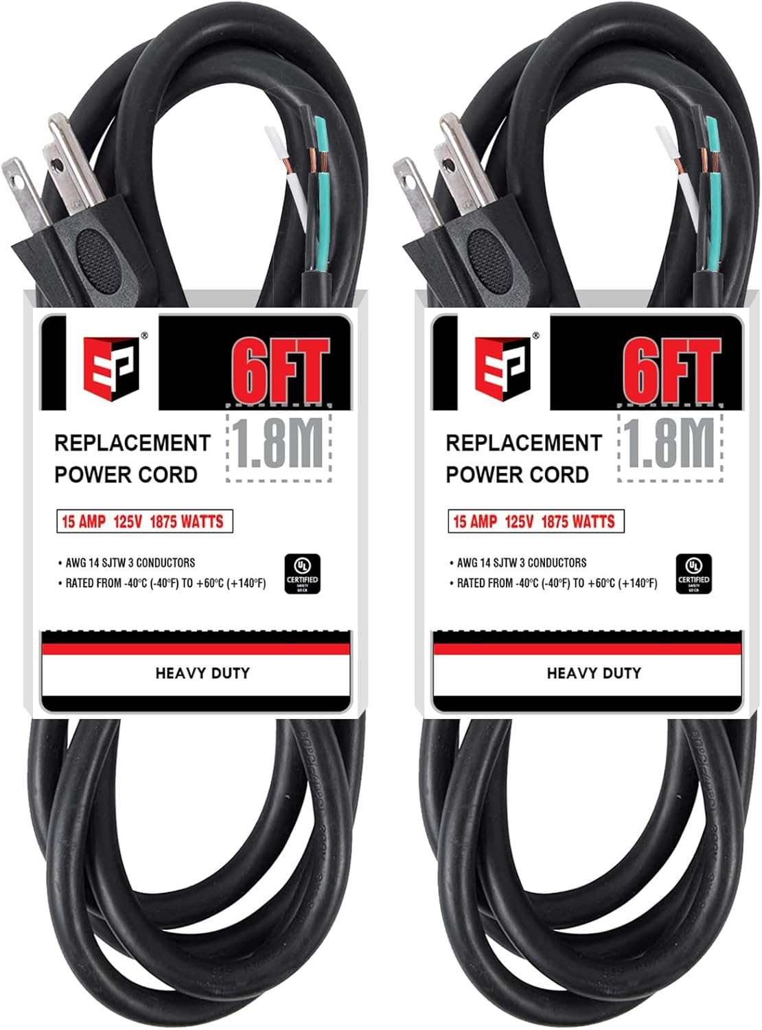 EP 2 Pack 6 ft 14/3C SJTW Appliance and Power Tool Cord, 14 Gauge 3 Prong Heavy Duty Replacement Power Supply Cord Cable, 110V 115V 120V AC Pigtail, 15A, 1875w