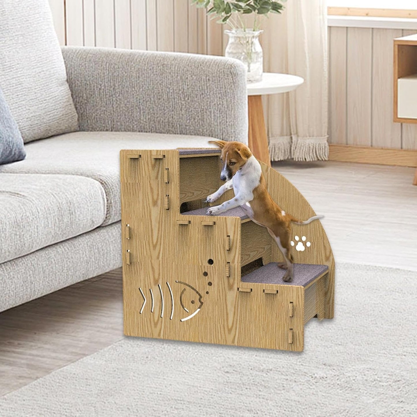 High Beds Dog Stairs - 3-Step Wooden Pet Stair Ramp, 18x12x12 inches Non-Slip Indoor Ramp for Dogs & Cats, Wood + Anti-Skid, Small Dog Staircase for Beds, Sofas, Couch