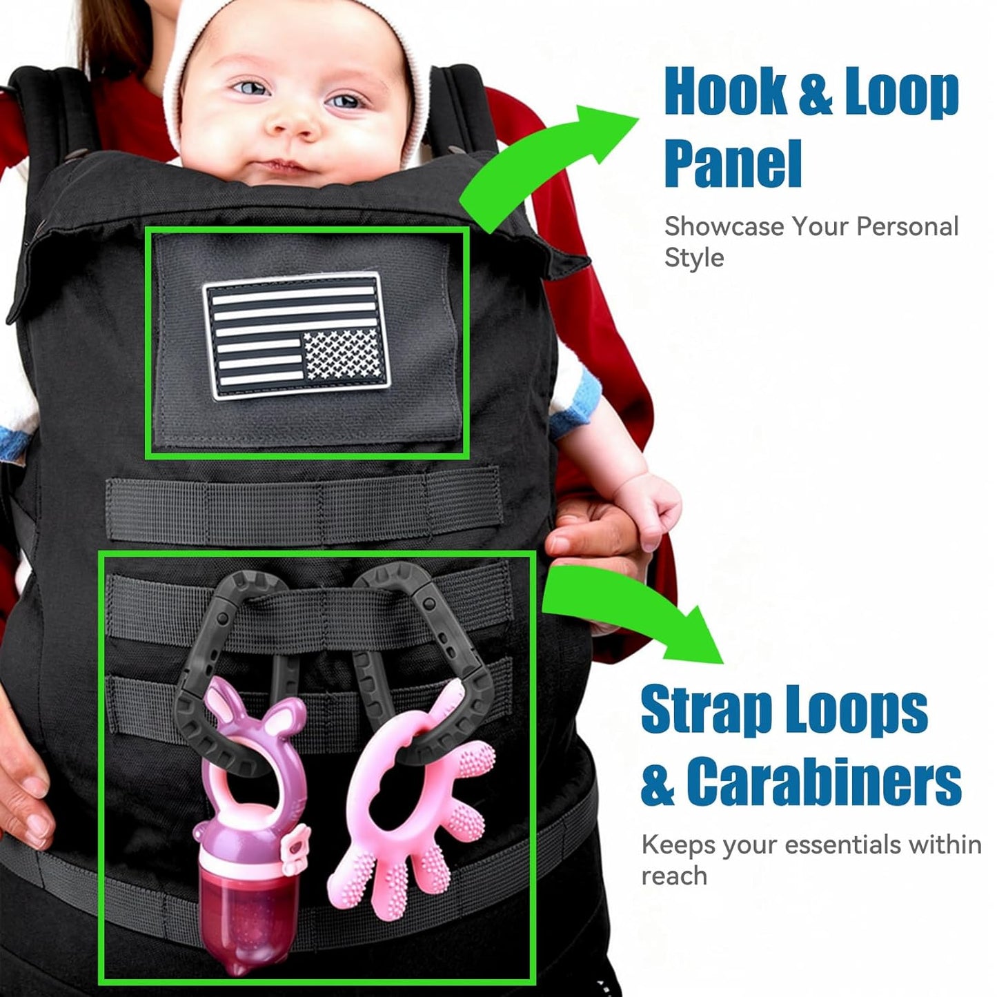 Baby Carrier, Lumbar Support Infant Carrier (0-36M, 8-33 lbs) with Foldable Headrest Carabiners for Big and Tall Parents, Men, Women (Black)