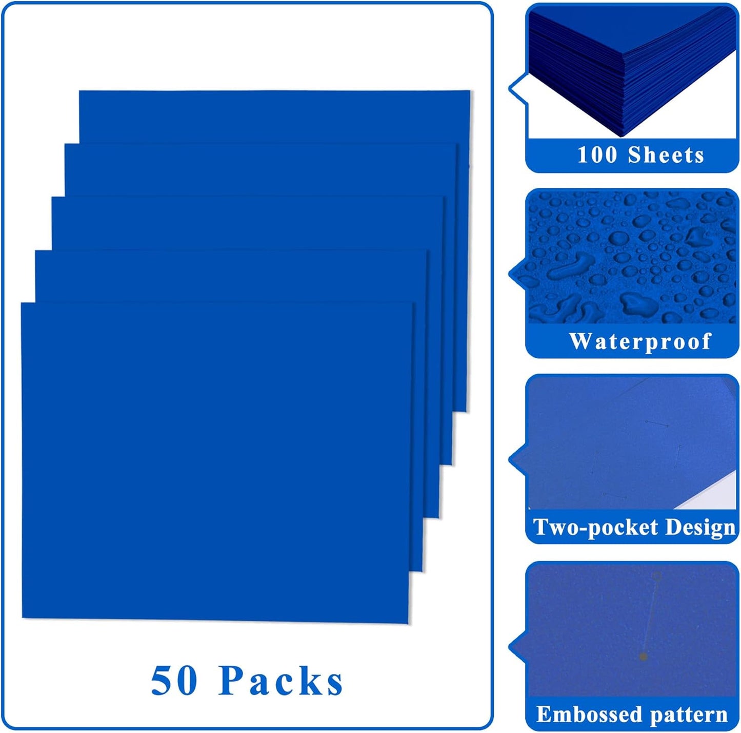 Zzrywuty File Folders with Pockets Letter Size,50-Pack Paper Folders with Card Slot,Blue Two Pocket Folders for School Students,Businessmen,Home and Office Workers
