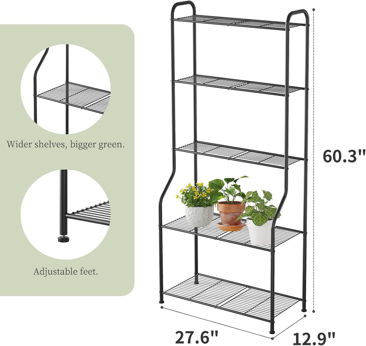 Plant Stand Indoor Outdoor for Multiple Plants, 5 Tier Tall Heavy Duty Metal Shelf, Large Flower Pot Holder Ladder for Garden, Patio, Living Room, Balcony, Black