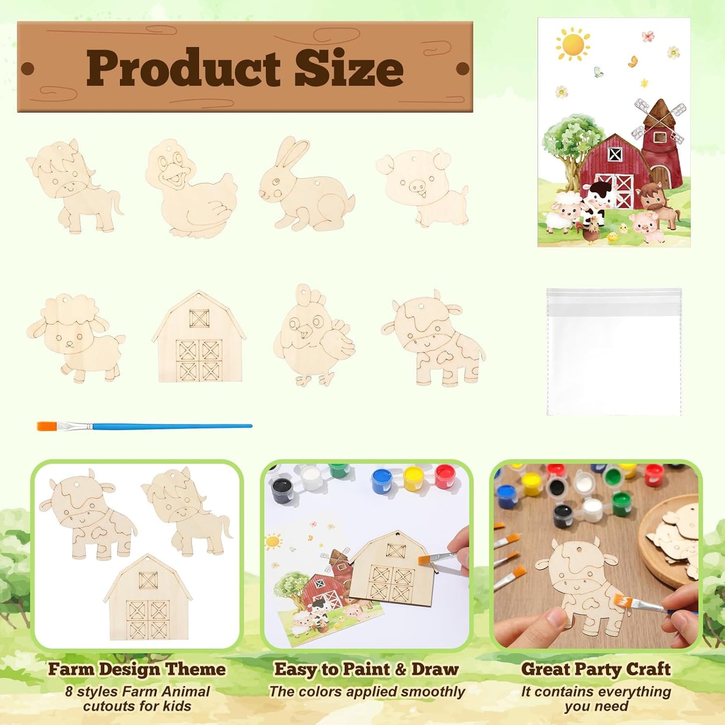 24 Pcs Farm Party Favors Farm Animal Wooden Painting Craft Kits Farmer Animal Birthday Party Supplies with Organza Bag for Birthday Favors Goodie Bags Fillers