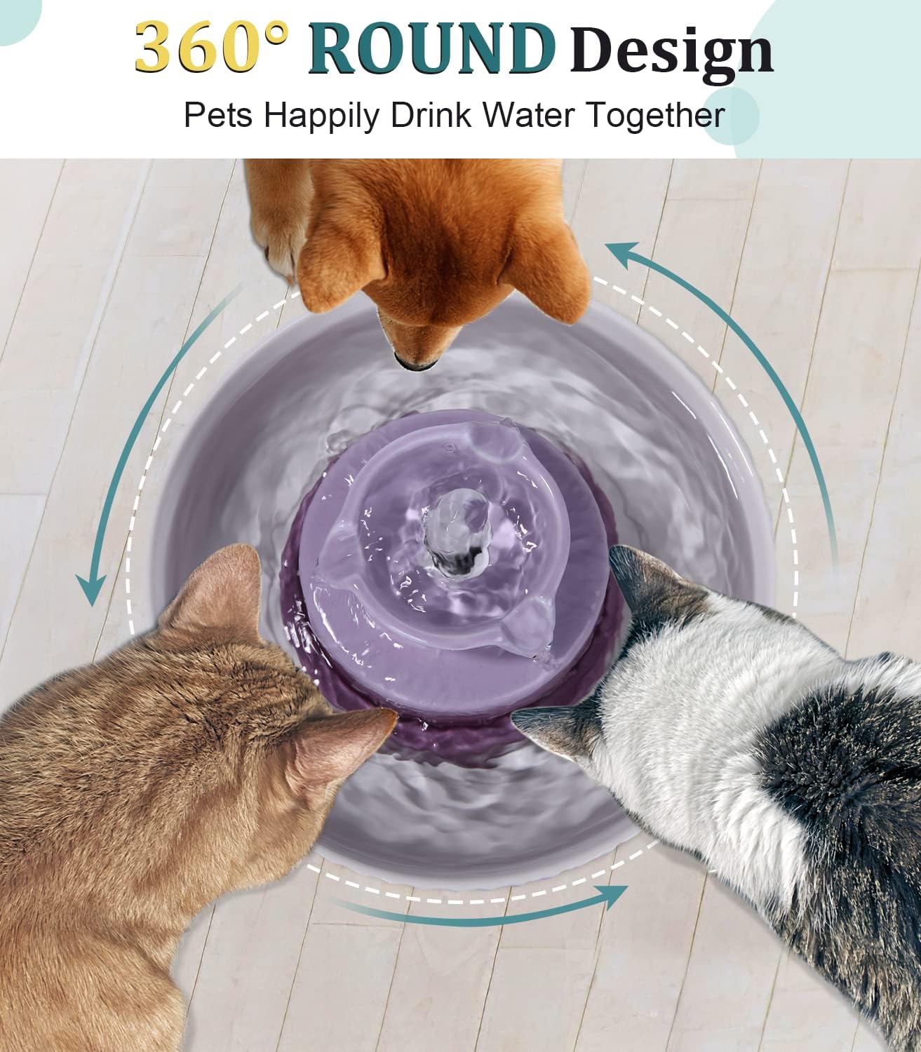 Ceramic Cat Water Fountain, Pet Ceramic Water Fountain, 2.1 L Drinking Fountains Bowl for Cats and Dogs with Replacement Filters and Foam(Purple)
