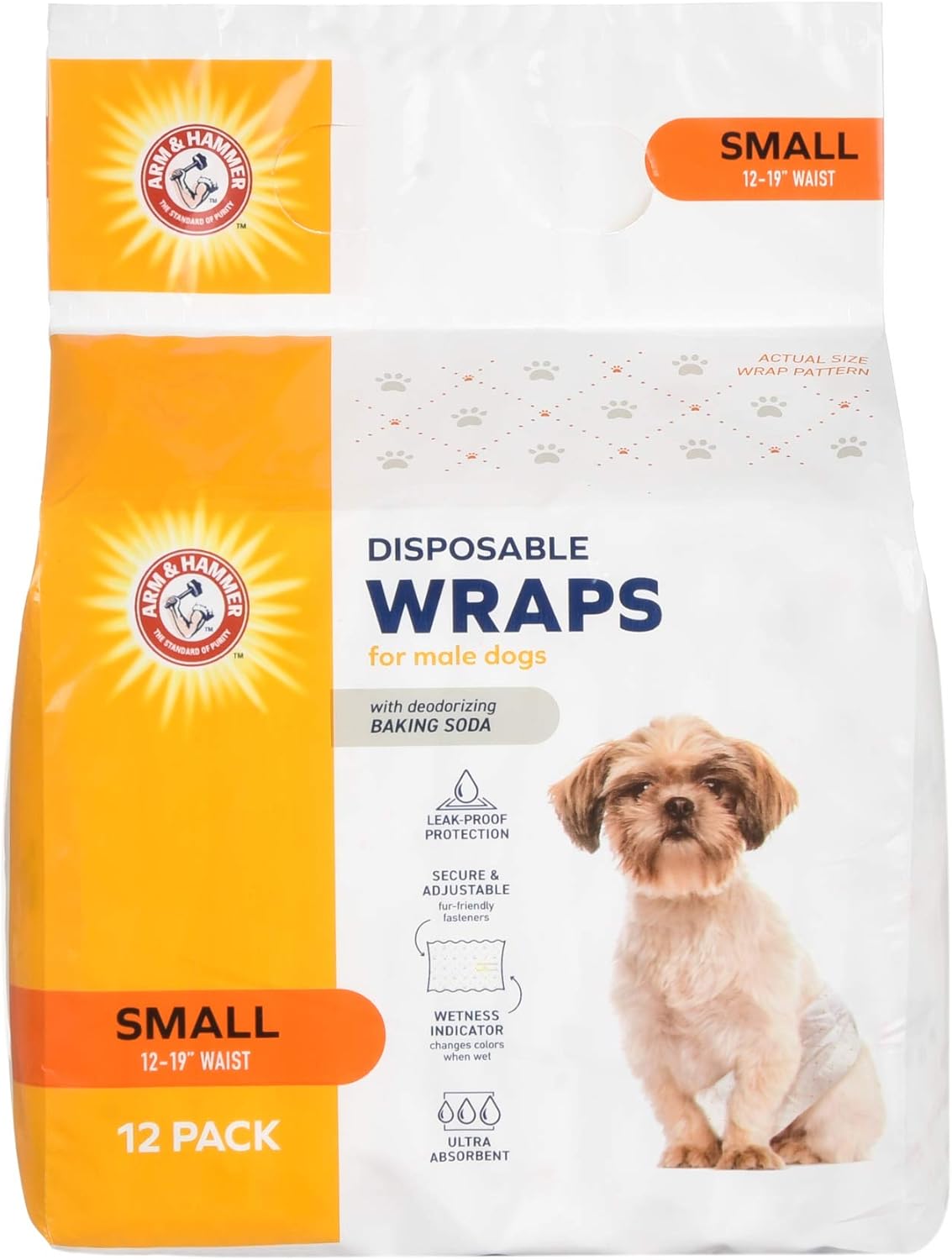 Arm & Hammer Small Male Dog Wraps, Disposable Belly Band Diapers with Baking Soda Odor Control, Super Absorbent Leak Resistant Design for Marking and Incontinence, 12-19 Inch Waist, 12 Count