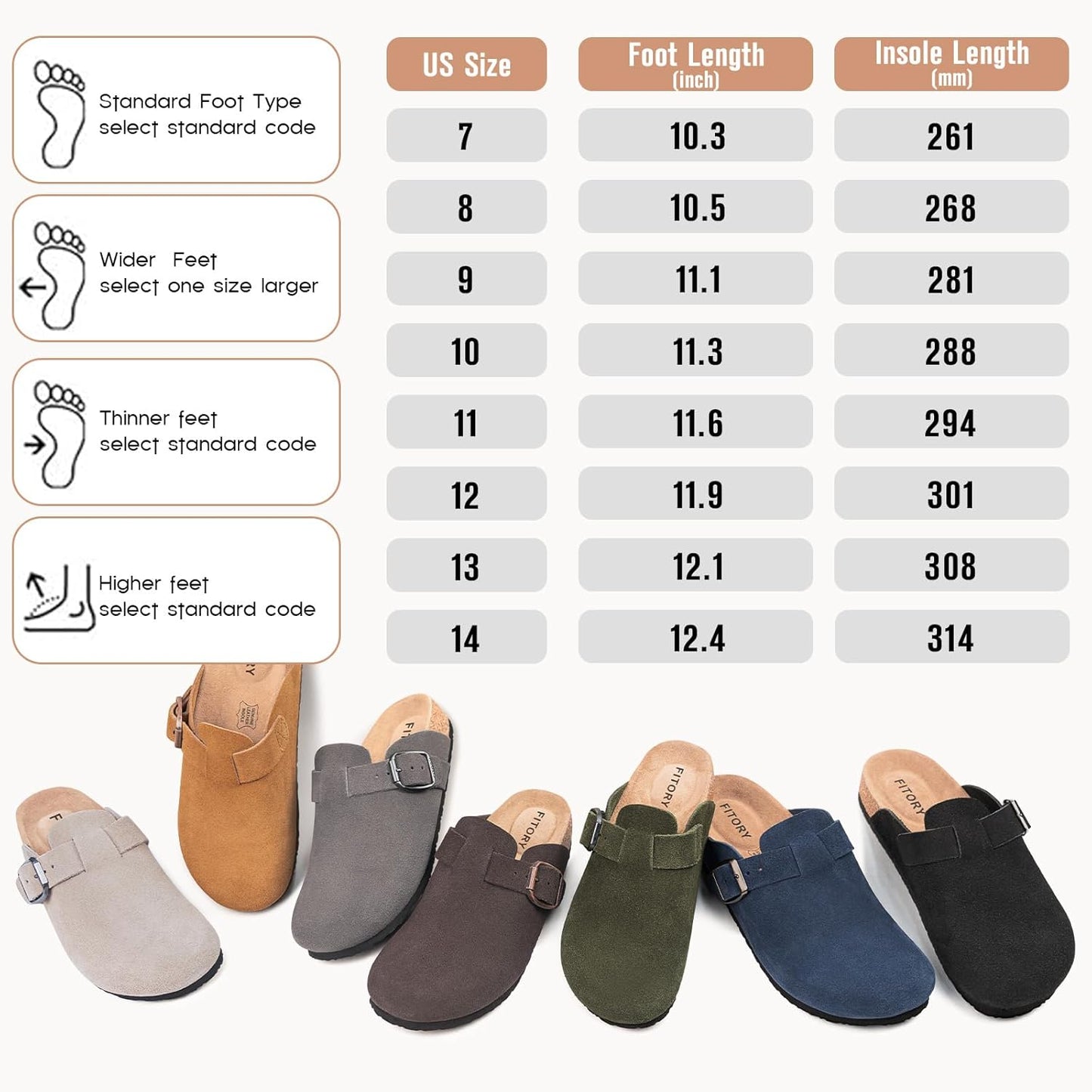 FITORY Mens Suede Clogs with Arch Support，Leather Cork Footed Mules Size 7-14