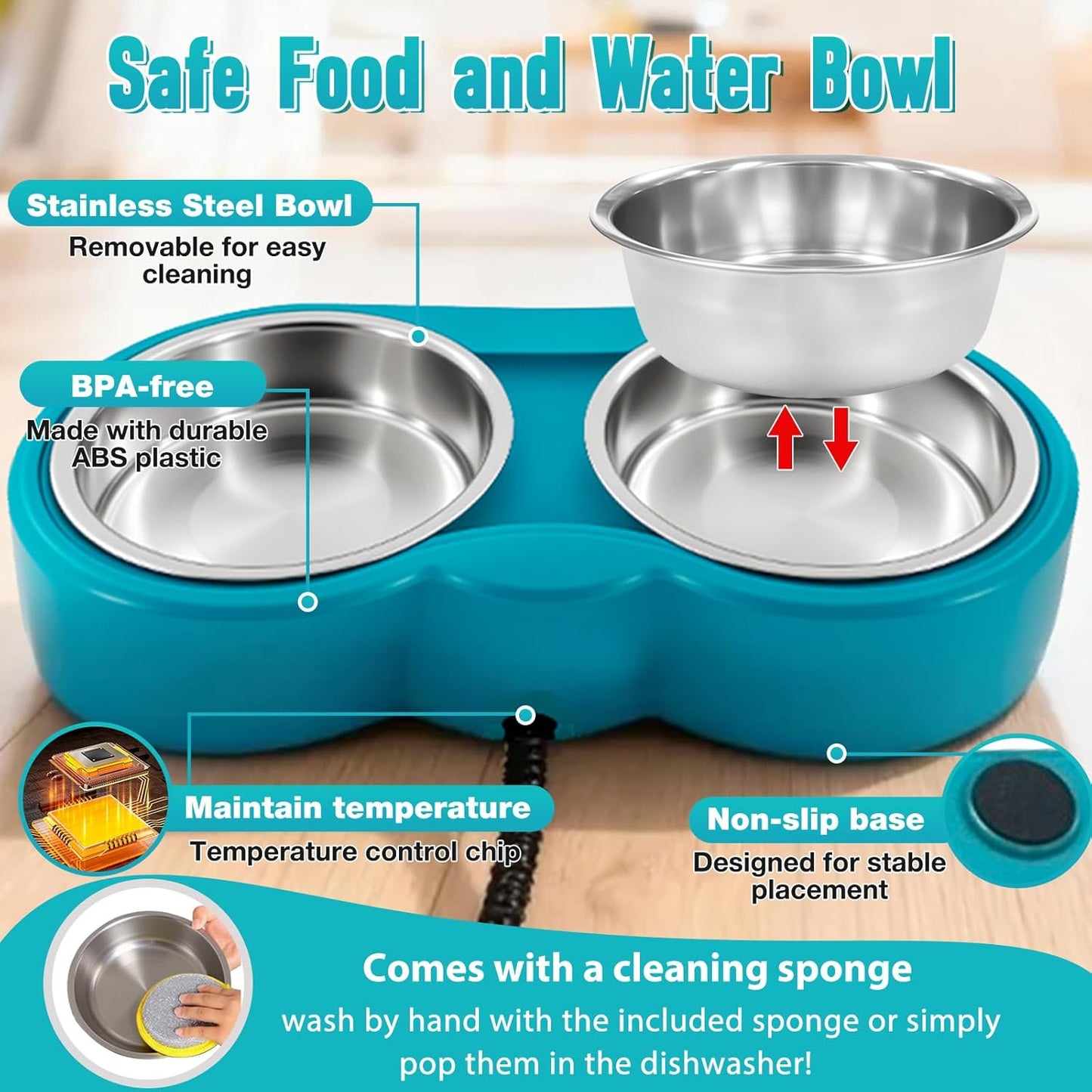 Heated Cat Food & Water Bowls for Outside Pets, 2 Stainless Steel Heated Cat Bowl 24 OZ Each, Waterproof Heated Pet Bowl for Outside Cat Dog Bird, No More Frozen Food or Water in Winter