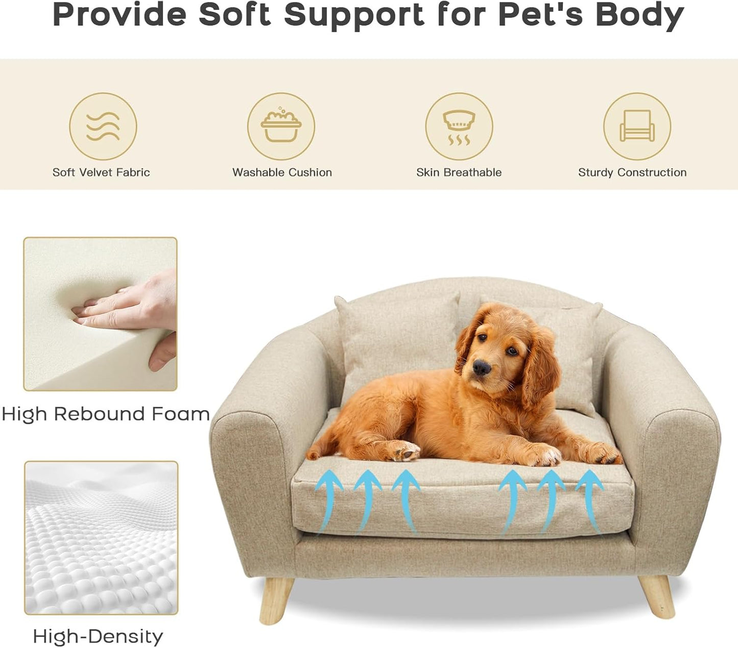Dog Sofa Bed for Small Dogs, Supportive Foam Dog Couch with Washable Cushion and Anti-Skid Pads, Soft Pet Sofa for Cats, Modern Pet Couch with Low Back, Puppy Bed & Chair, Light Grey