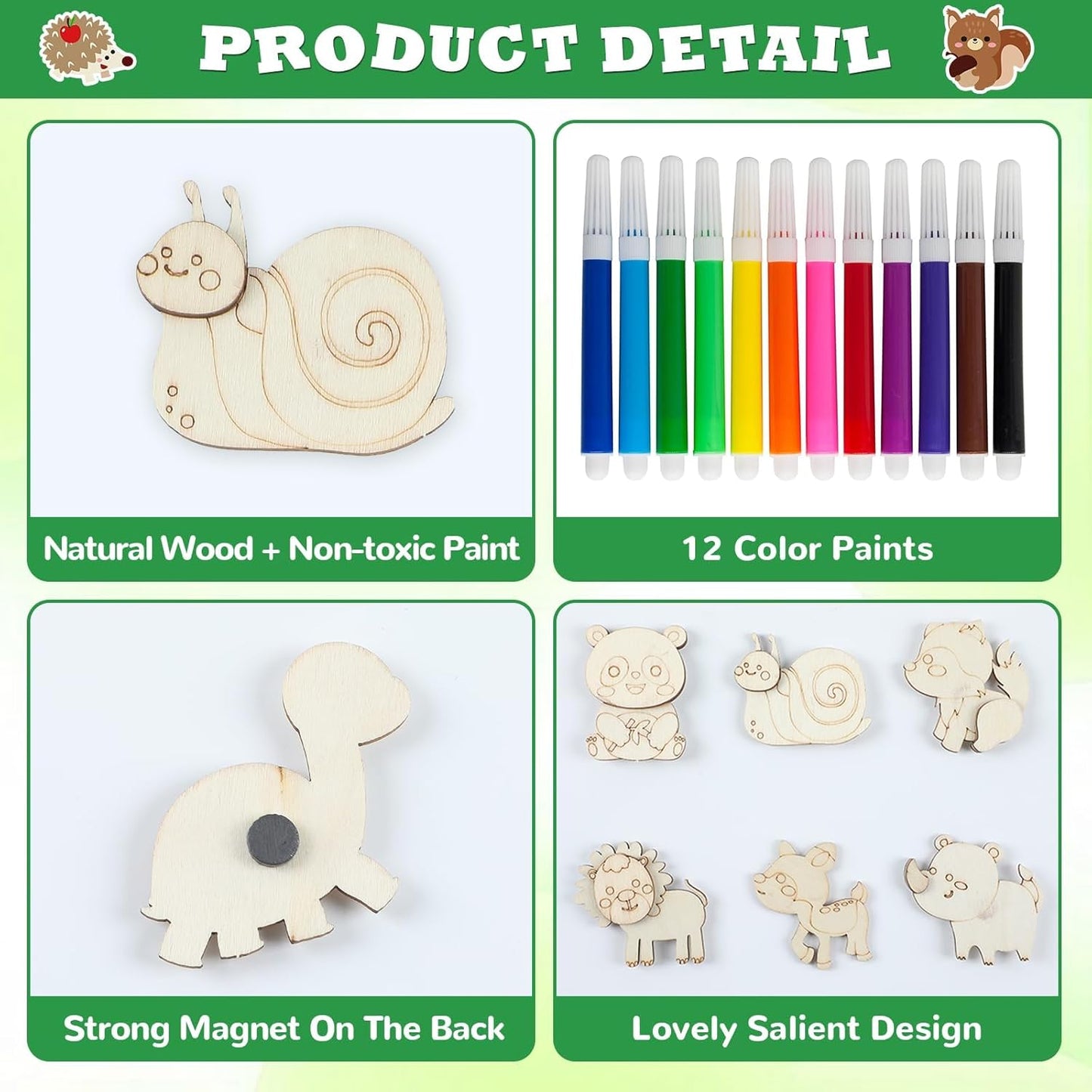 gisgfim 36Pcs Wooden Magnet Painting Craft Kit DIY Wooden Magnets Coloring Arts Crafts for Kids Ages 4-8 8-12 for Birthday Party Gifts Toys Jungle Animal Creativity Supplies Party Favors