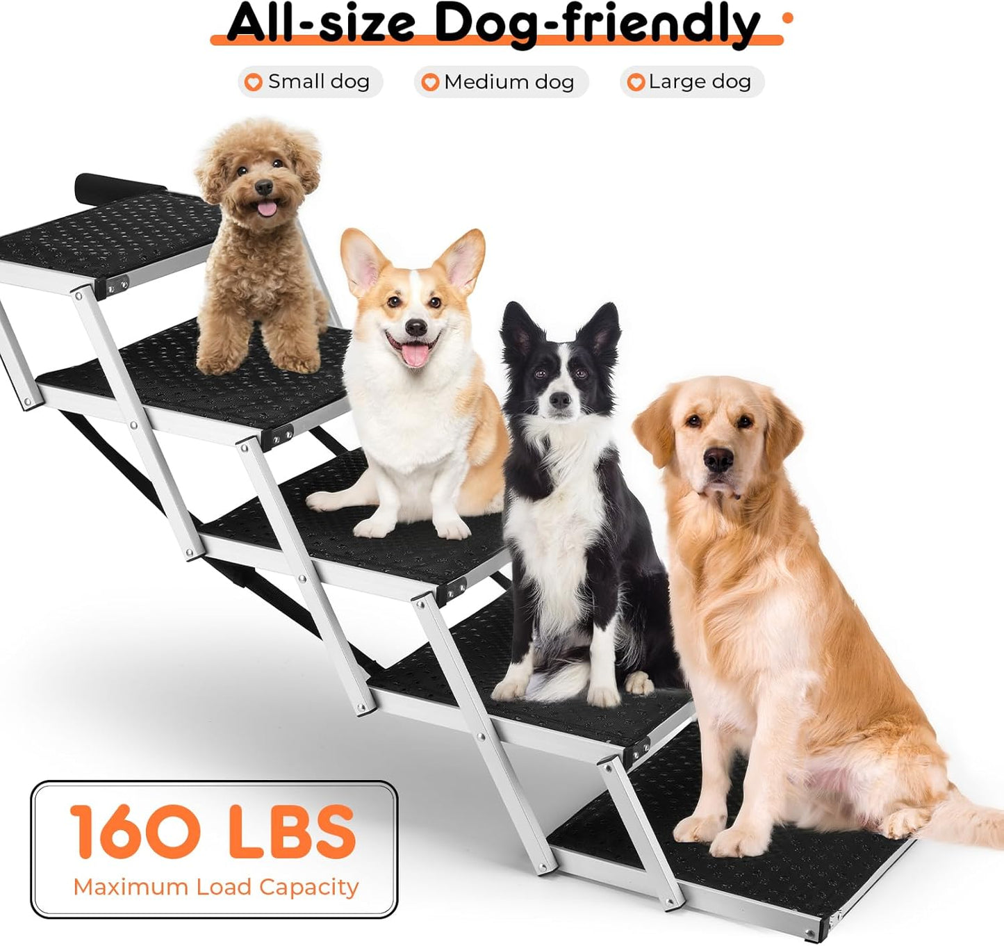 Car Ramp for Dogs – Adjustable Foldable Dog Ramp for Cars, Trucks & SUVs | Non-Slip Rug Surface, Supports Small/Large Dogs Up to 250 lbs | 5-Step