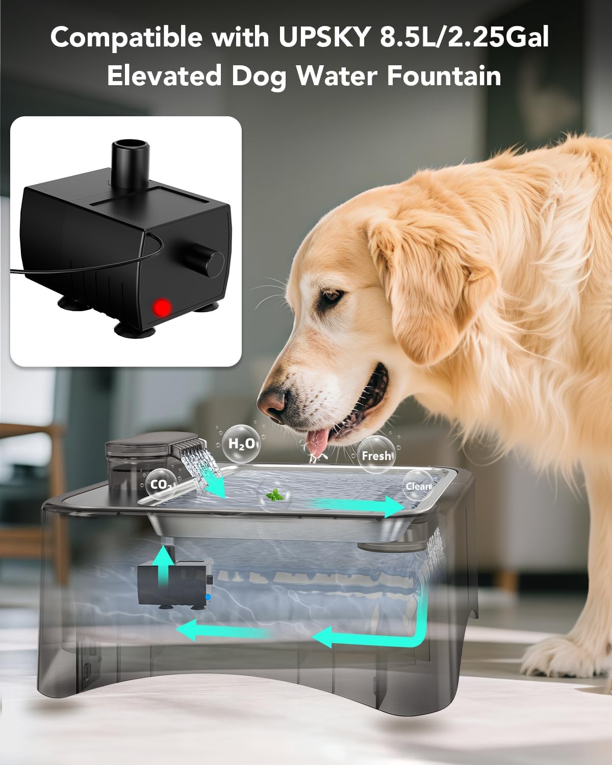 UPSKY Replacement Pump for 2.25 Gallon/8.5L Elevated Dog Water Fountain, Upgraded Water Pump with Water Tube, LED Indicator, Clog Alert, USB Power Cord