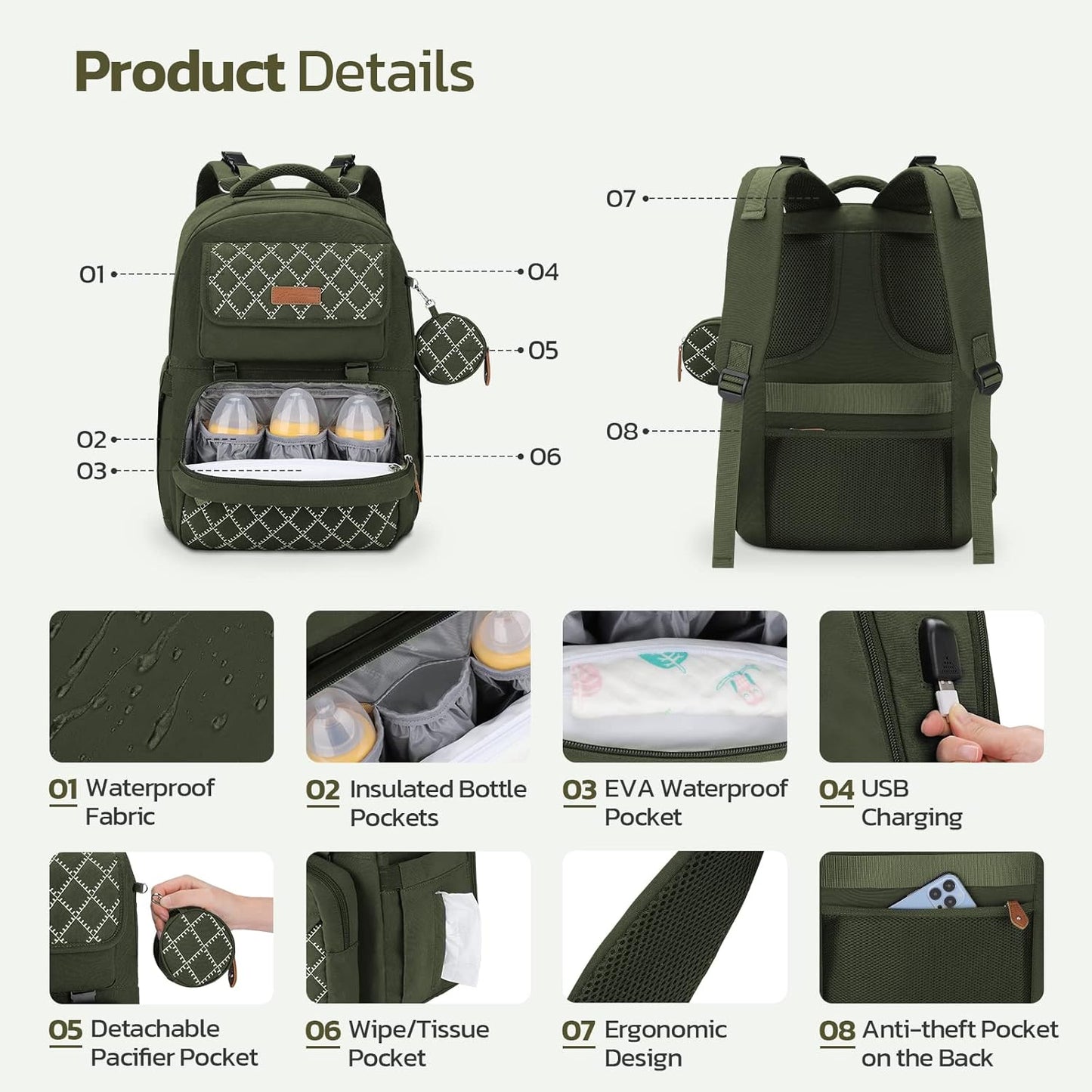 Large Diaper Bag,29L-45L Expandable Diaper Bag Backpack for 2 Kids/Twins Baby Stuff, with Removable Cross Body Bottle Bag for Mom/Dad,Stylish Baby Bag Gift for Boys/Girl-Army Green