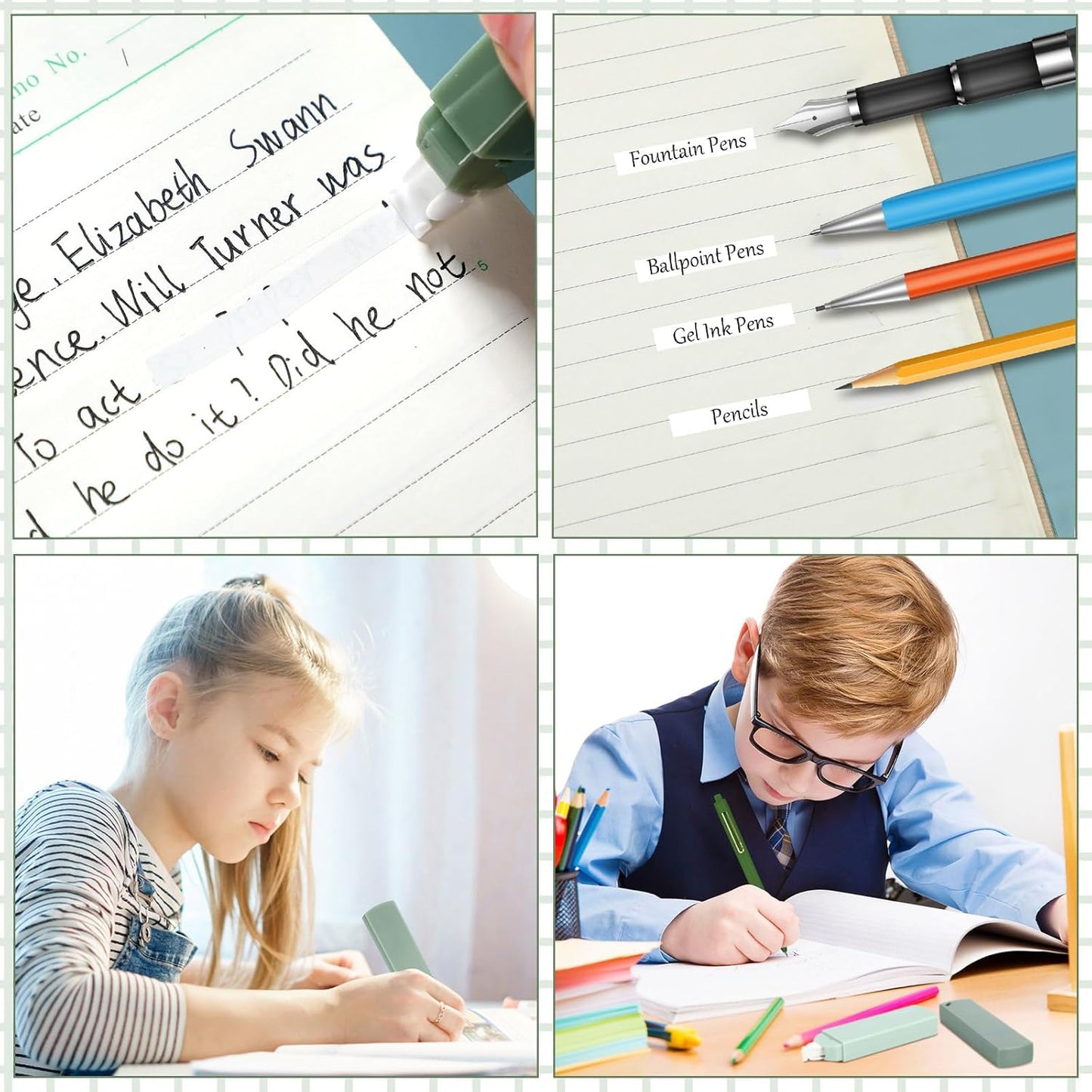 Aesthetic Stationery Set Supplies Sticky Notes Set 6 Mini Correction Tapes 6 Retractable Black Ink Pens 0.5mm Fine Point Paper Corrective Pen Self Stick Index Tabs(Green)