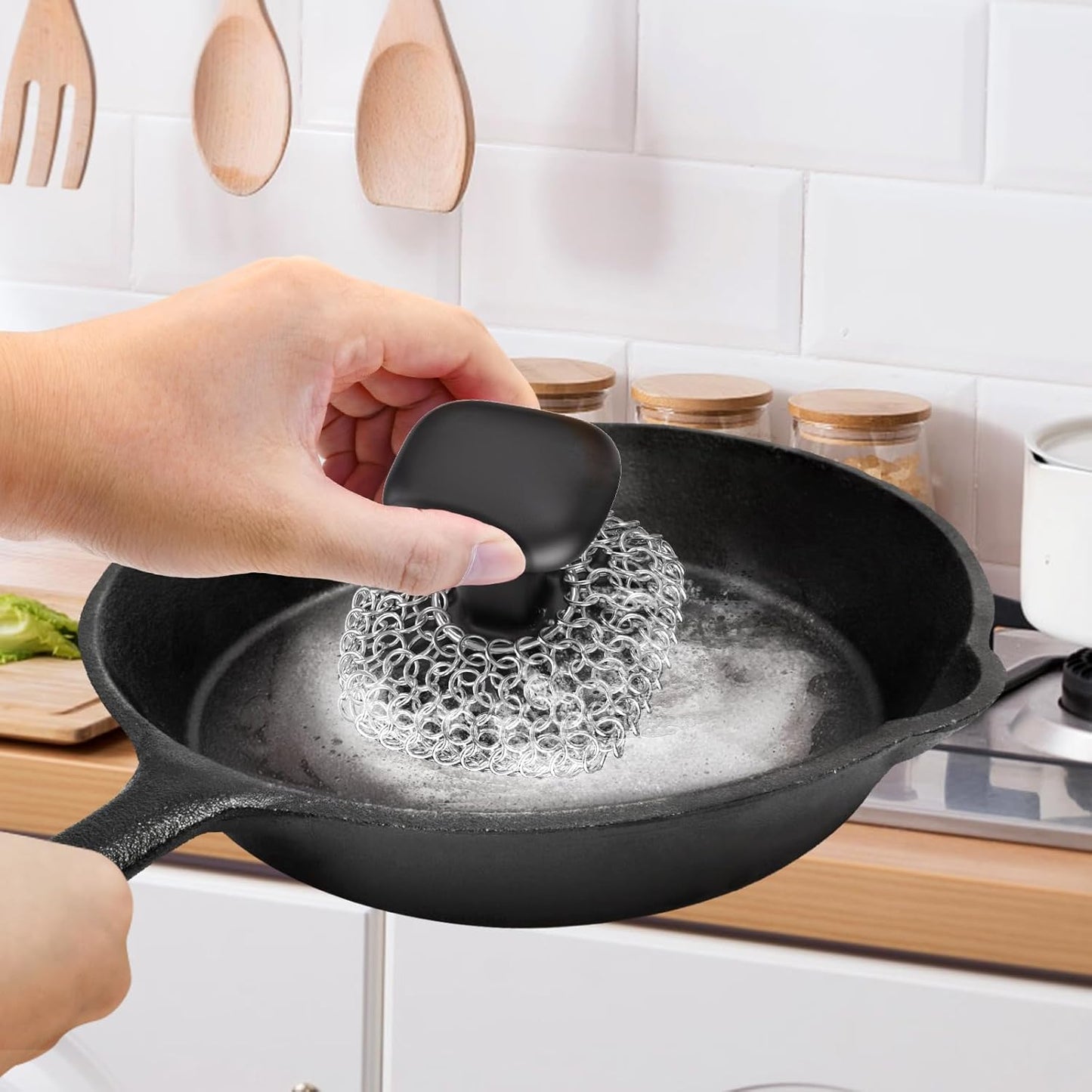Cast Iron Scrubber | Dish Scrub Brush | 316 Cast Iron Cleaner Chainmail Scrubber for Pan Skillet Cleaner - Dish Scouring Pad Dishwasher Safe Cleaning Kit, Black 03