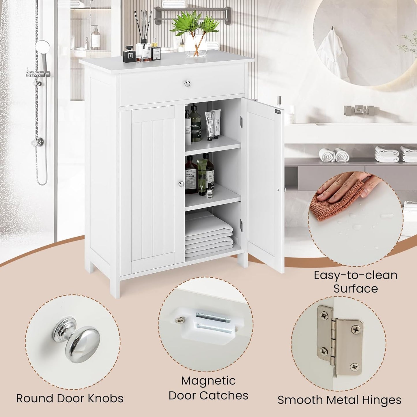 Giantex Storage Cabinet, White Bathroom Cabinet with 2 Doors, 1 Drawer, 3-Level Adjustable Shelf, Modern Wooden Storage Organizer for Laundry Room, Entryway, Living Room