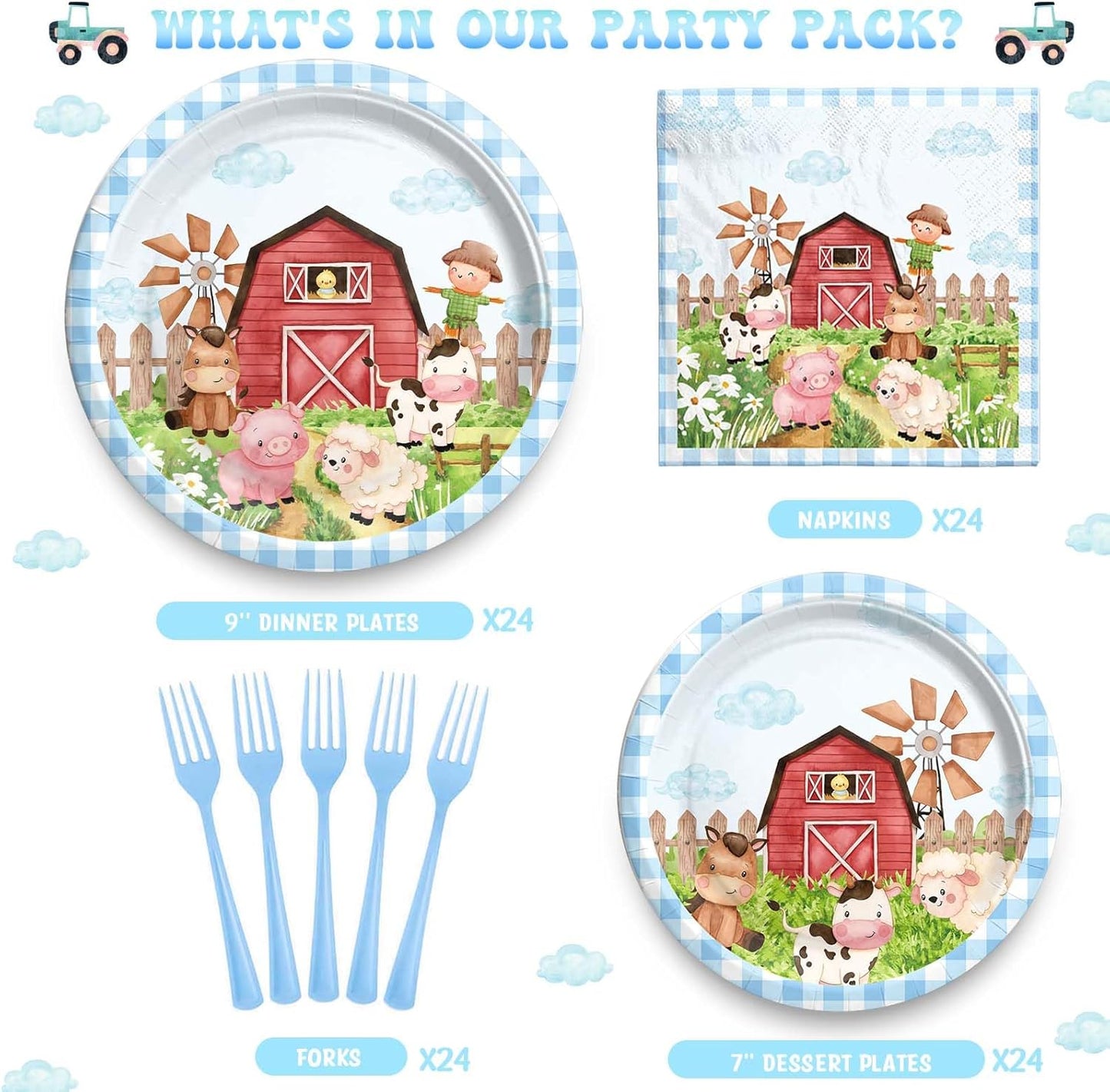 Farm Birthday Party Supplies for Boys Tableware Set, Farm Birthday Decorations, Farm Animal Birthday Décor Boy, Blue Farm Animal Themed Plates Napkins Forks, Serves 24 Guests