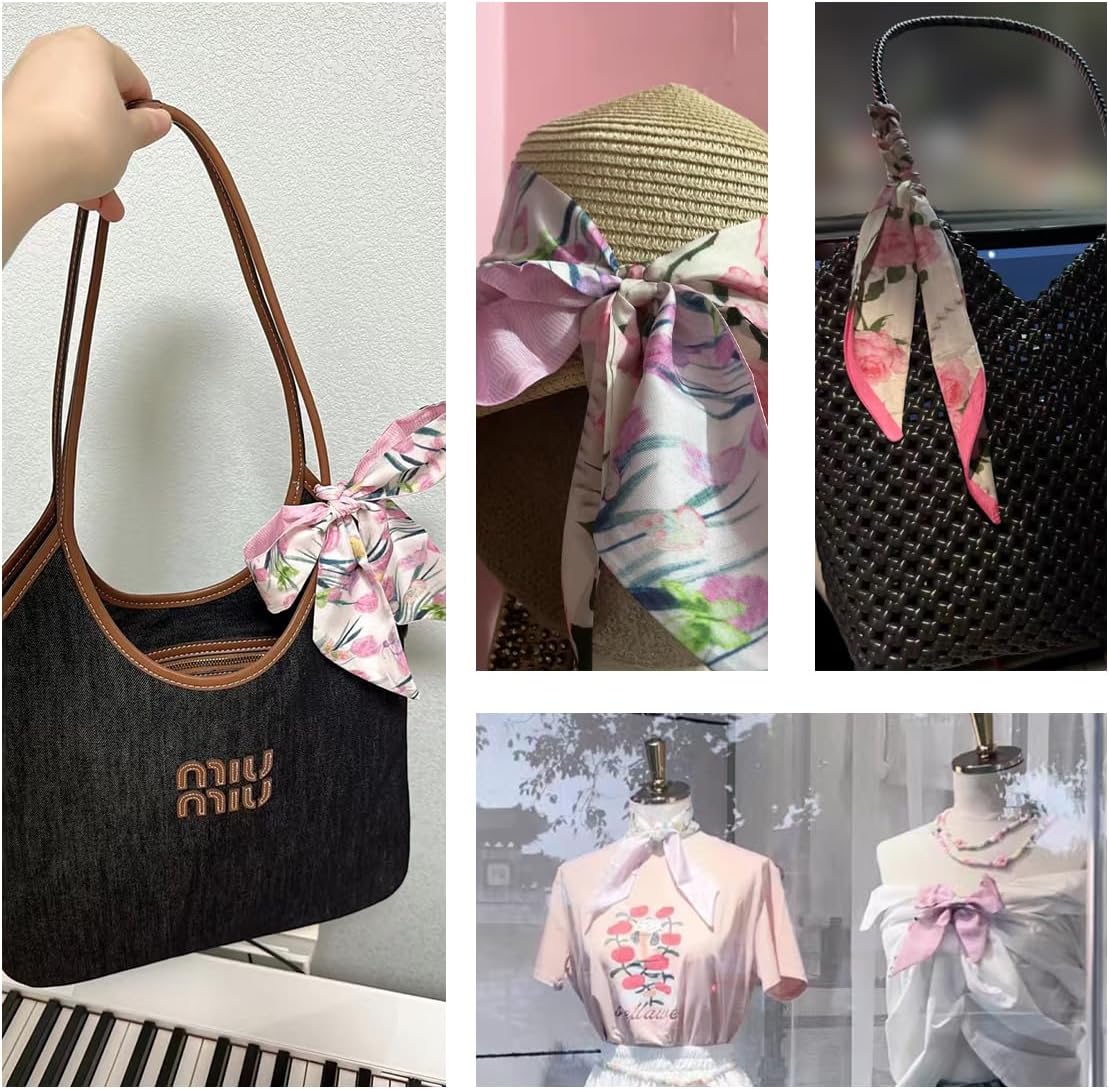 5 Pcs Flower Purse Scarf for Handbag, Women's Head Hair Scarves Satin Neck Scarves, for Spring Present Handbag Handle Accessory