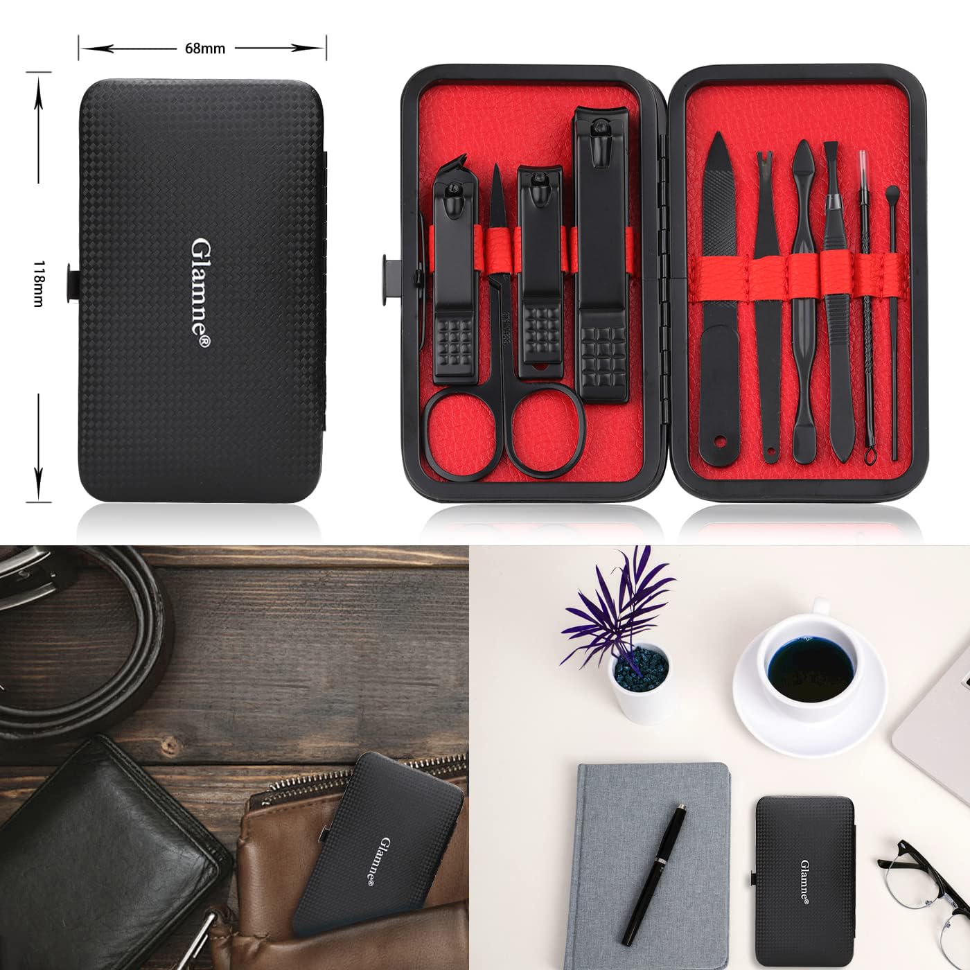 Manicure Set Nail Clippers Kit Professional Stainless Steel Nail Care Tools with Leather Travel Case 10 in 1 Black