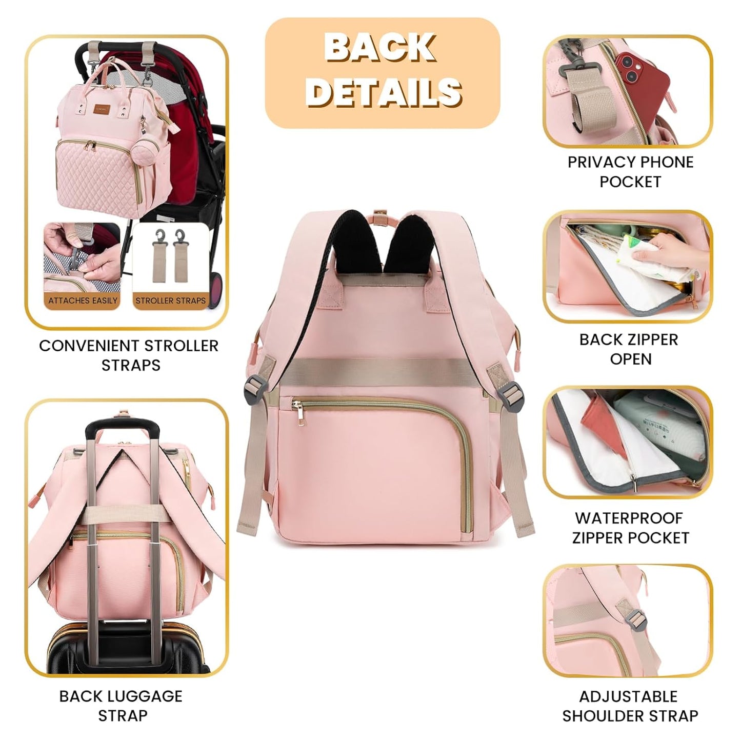 Pink Diaper Bag Backpack for Baby Girls - Baby Shower Gifts for Mom, Quilted Diaper Bag with Changing Pad, Pacifier Case, Insulated Pockets, Stroller Straps, 35L Large Capacity - Cute