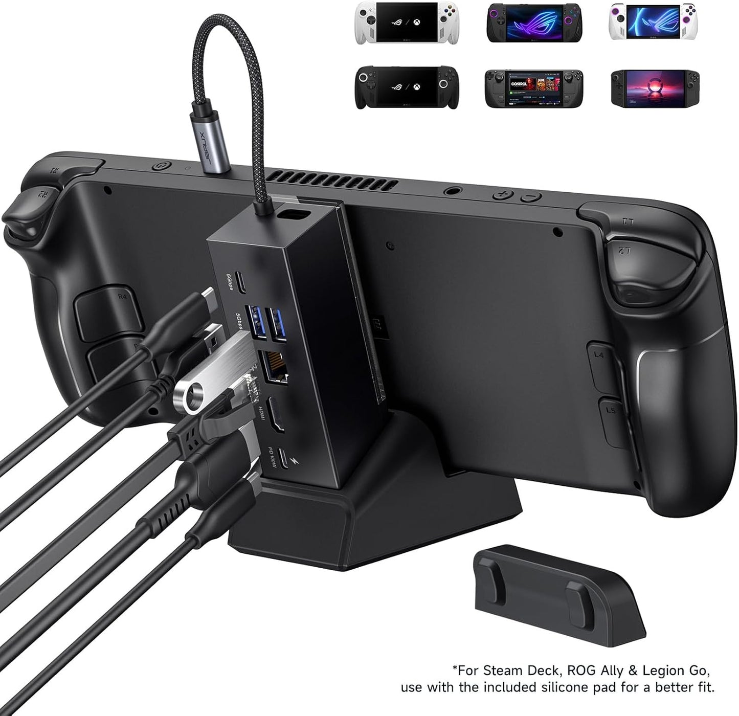 JSAUX Docking Station for ROG Xbox Ally X (2025)/ROG Ally X/ROG Ally/Steam Deck/Legion Go/Legion Go S, 6-in-1 Dock with HDMI 4K@120Hz, Gigabit Ethernet, USB A & USB C 3.2 Gen 1, 100W Charging - HB0609