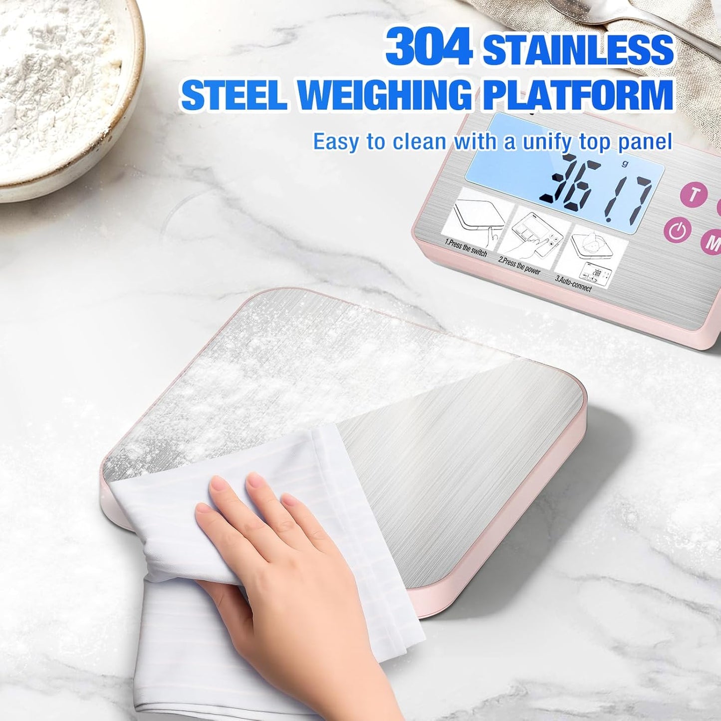 33lb Rechargeable Kitchen Scale, Diyife 304 Stainless Steel Food Scale with Detachable Display, 1g/0.1oz Precise Graduation, Magnetic, Backlit LCD, Tilt Stand, for Baking, Cooking, Meal Prep (Pink)