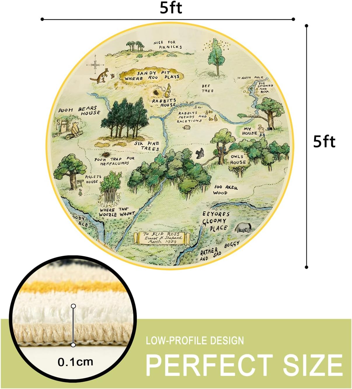 Estmy 5ft Washable Round Nursery Rug, Cute Woodland Kids Play Rug for Girls Boys Neutral Soft Crawling Play Mat for Classroom Children Toddlers Bedroom Stain Resistant, 100 Acre Wood Map Rug