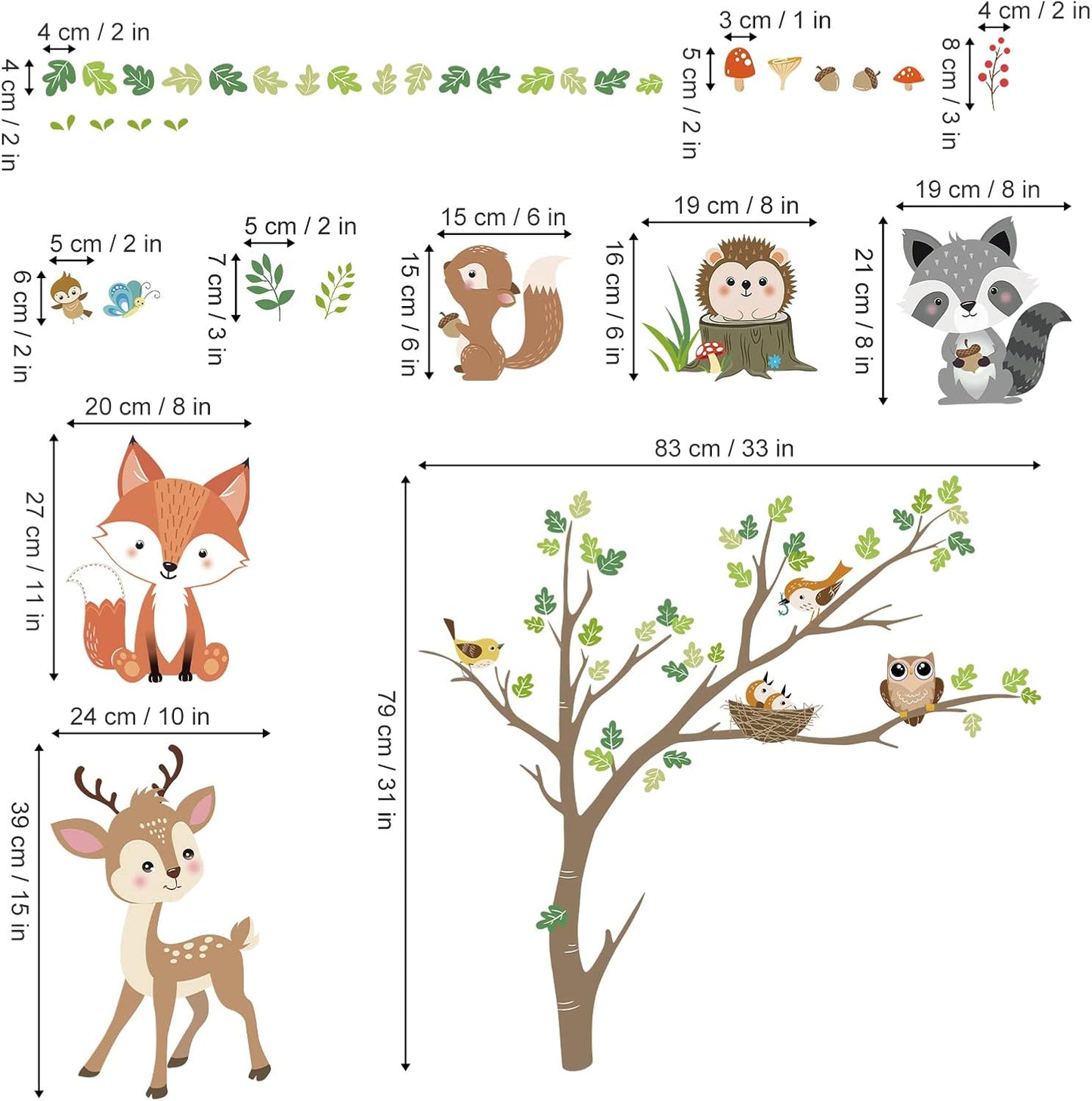 decalmile Woodland Animals Tree Wall Stickers Fox Deer Owl Wall Decals Baby Nursery Kids Bedroom Living Room Wall Decor