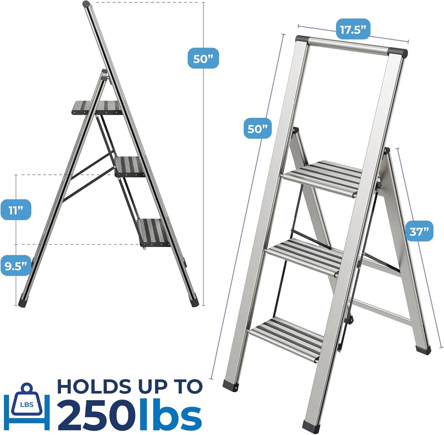 Step Ladder 3 Step Folding, Decorative - Modern Beautiful Aluminum, Lightweight, Ultra Slim Profile, Anti Slip Steps, Sturdy-Portable for Home, Office, Kitchen, Photography Use,by SORFEY